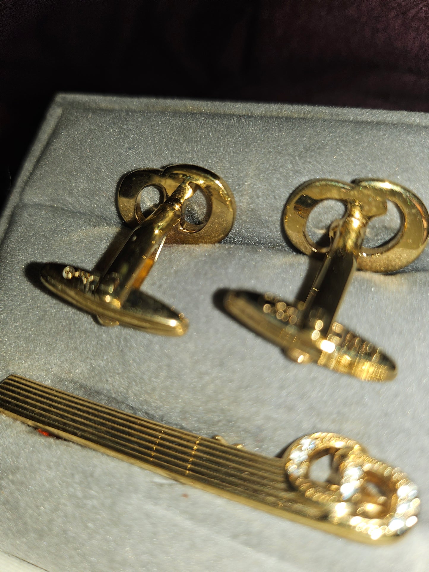 Christian Dior boxed set of gold & crystal cufflinks & tie clip- New old stock!