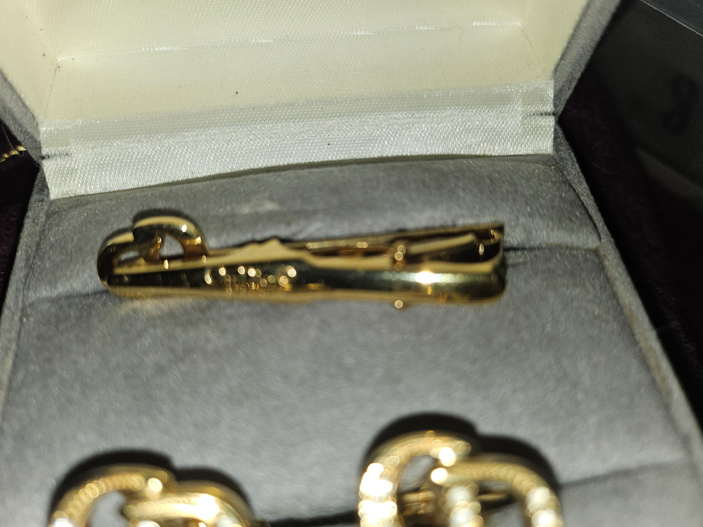 Christian Dior boxed set of gold & crystal cufflinks & tie clip- New old stock!