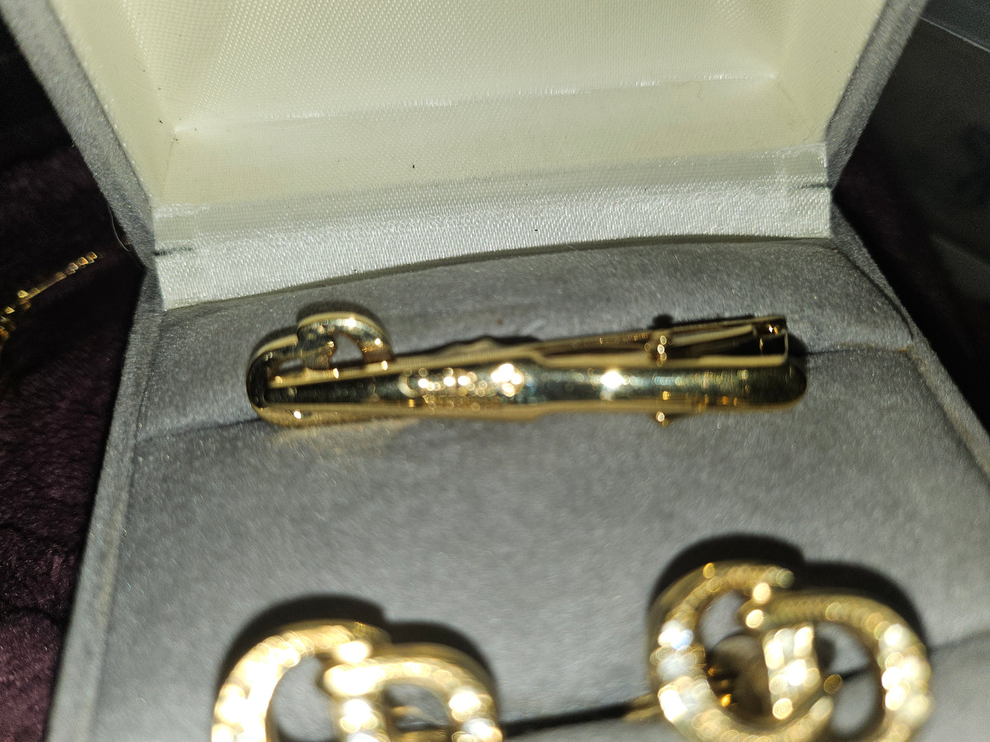 Christian Dior boxed set of gold & crystal cufflinks & tie clip- New old stock!