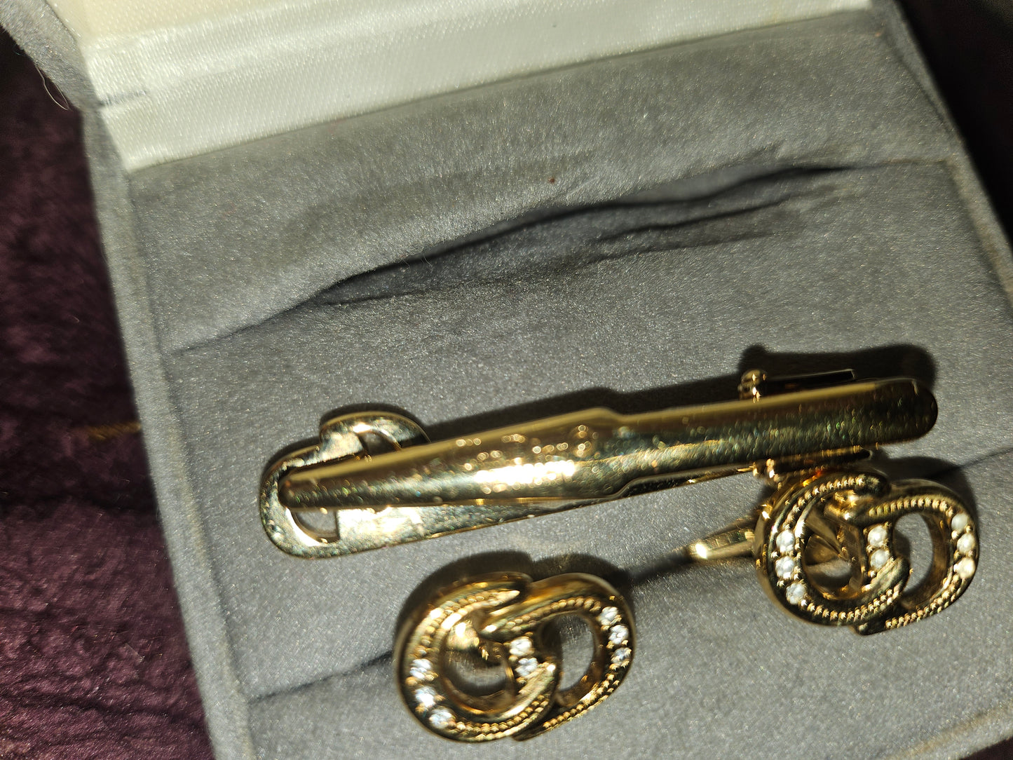Christian Dior boxed set of gold & crystal cufflinks & tie clip- New old stock!