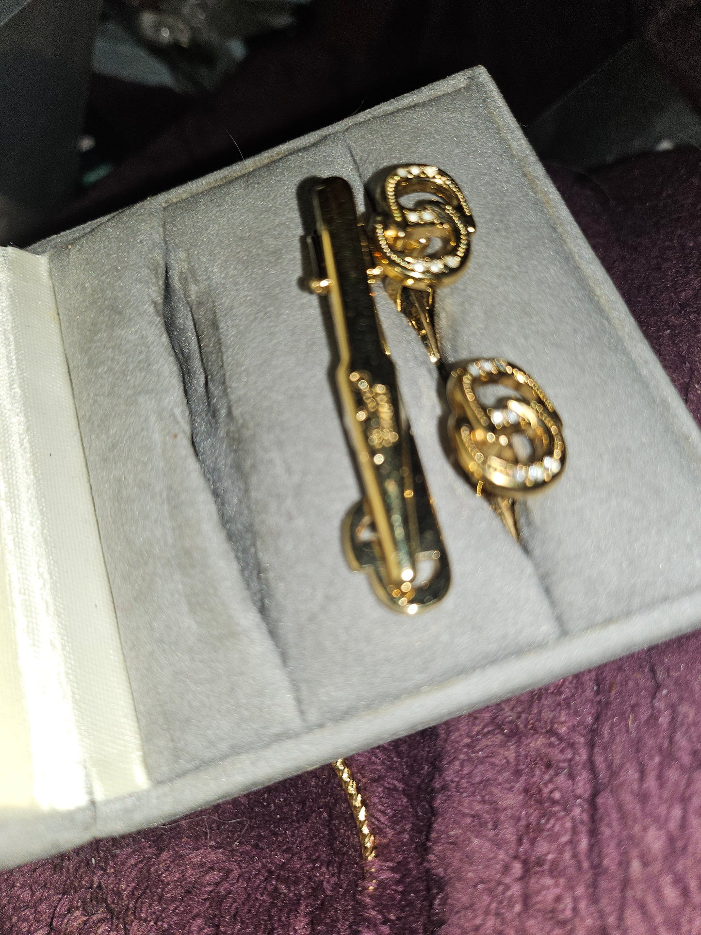 Christian Dior boxed set of gold & crystal cufflinks & tie clip- New old stock!