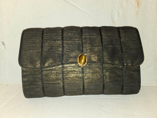 Gucci early black & gold silk taffeta with tiger's eye in 14K clasp