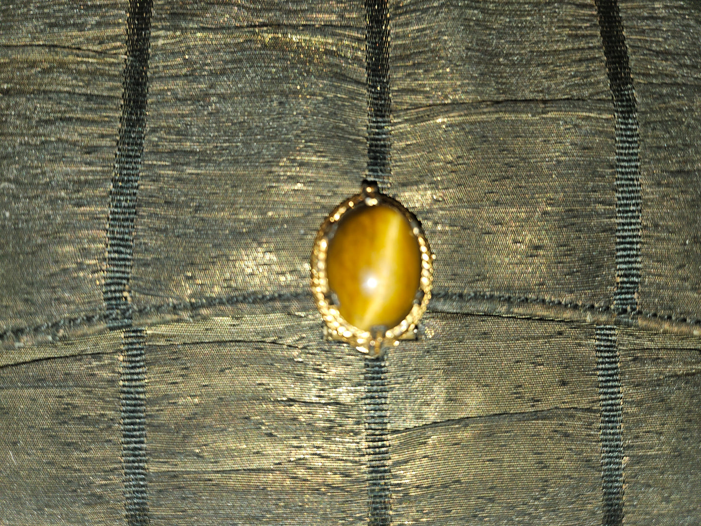 Gucci early black & gold silk taffeta with tiger's eye in 14K clasp
