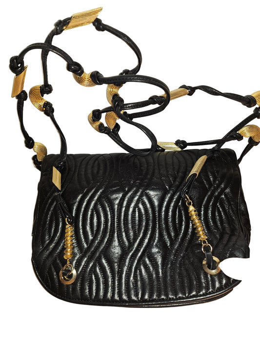 Fendi Black Leather Shoulder Purse w Quilted Pasta Design & Bold Gold Hardware