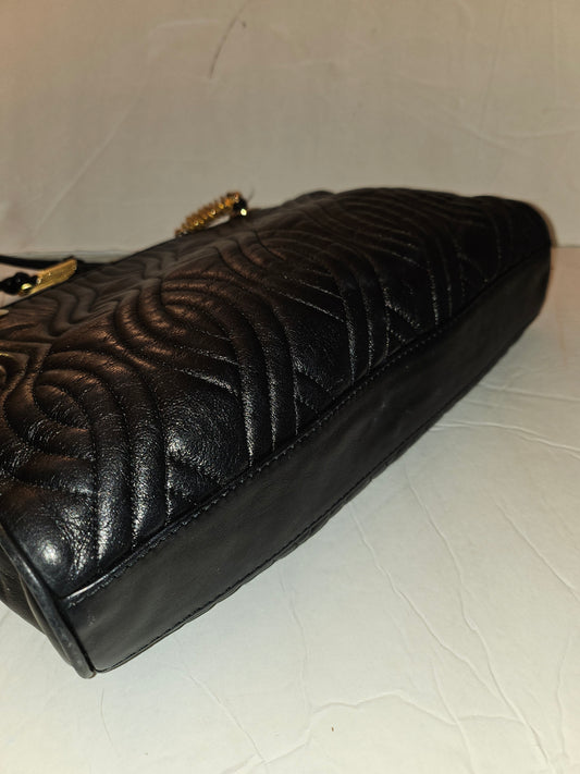 Fendi Black Leather Shoulder Purse w Quilted Pasta Design & Bold Gold Hardware