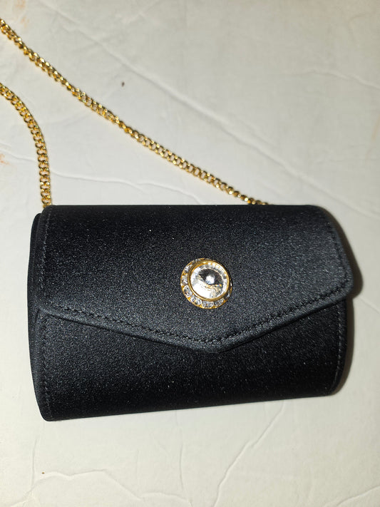 Givenchy Boutique black silk minaudiere with a long gold chain strap &amp; XL rhinestone accent