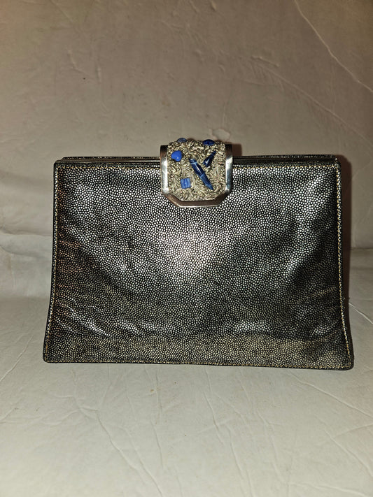 Gucci RARE mod silver shark skin leather clutch style purse with jeweled clasp!