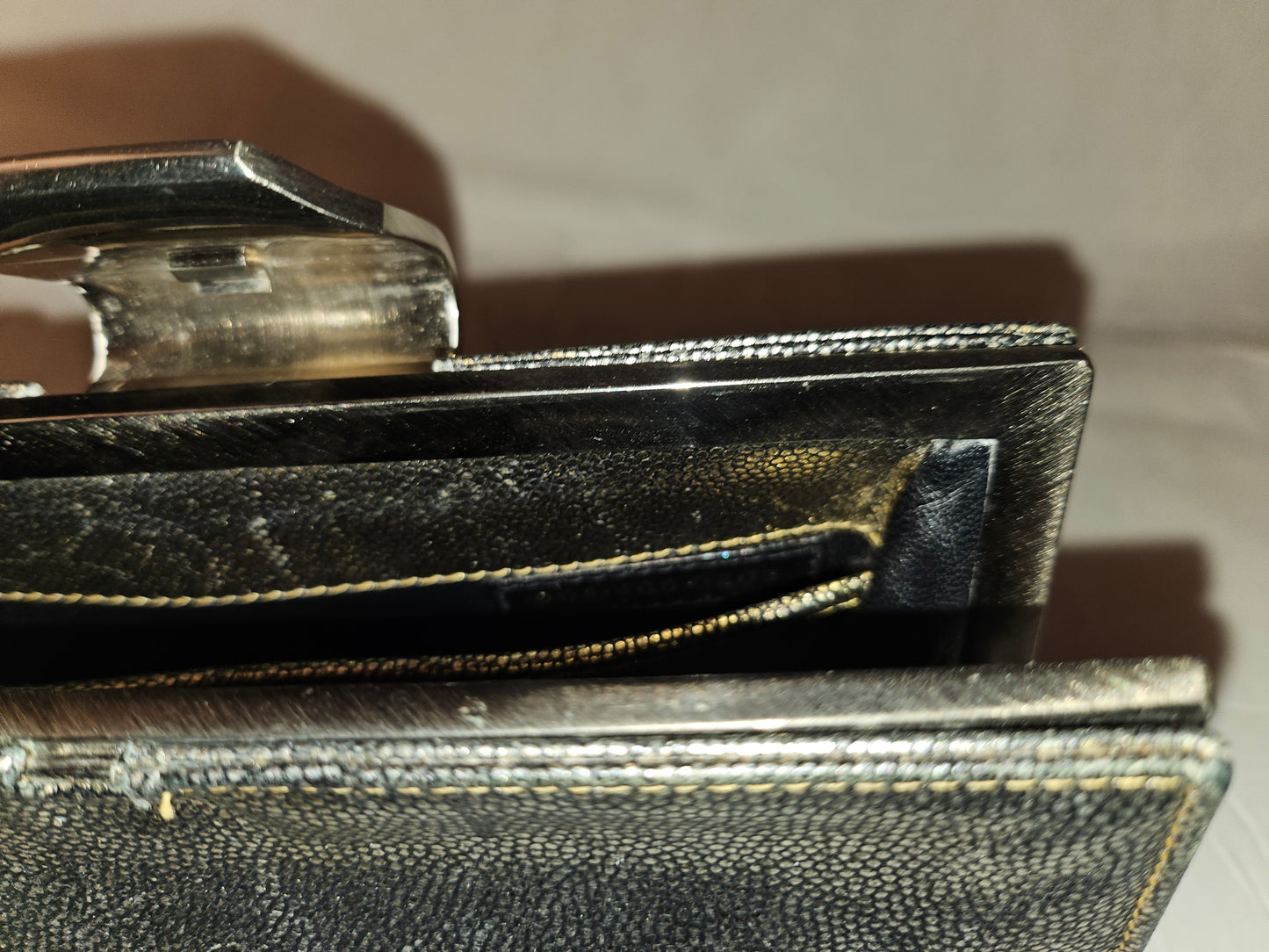 Gucci RARE mod silver shark skin leather clutch style purse with jeweled clasp!