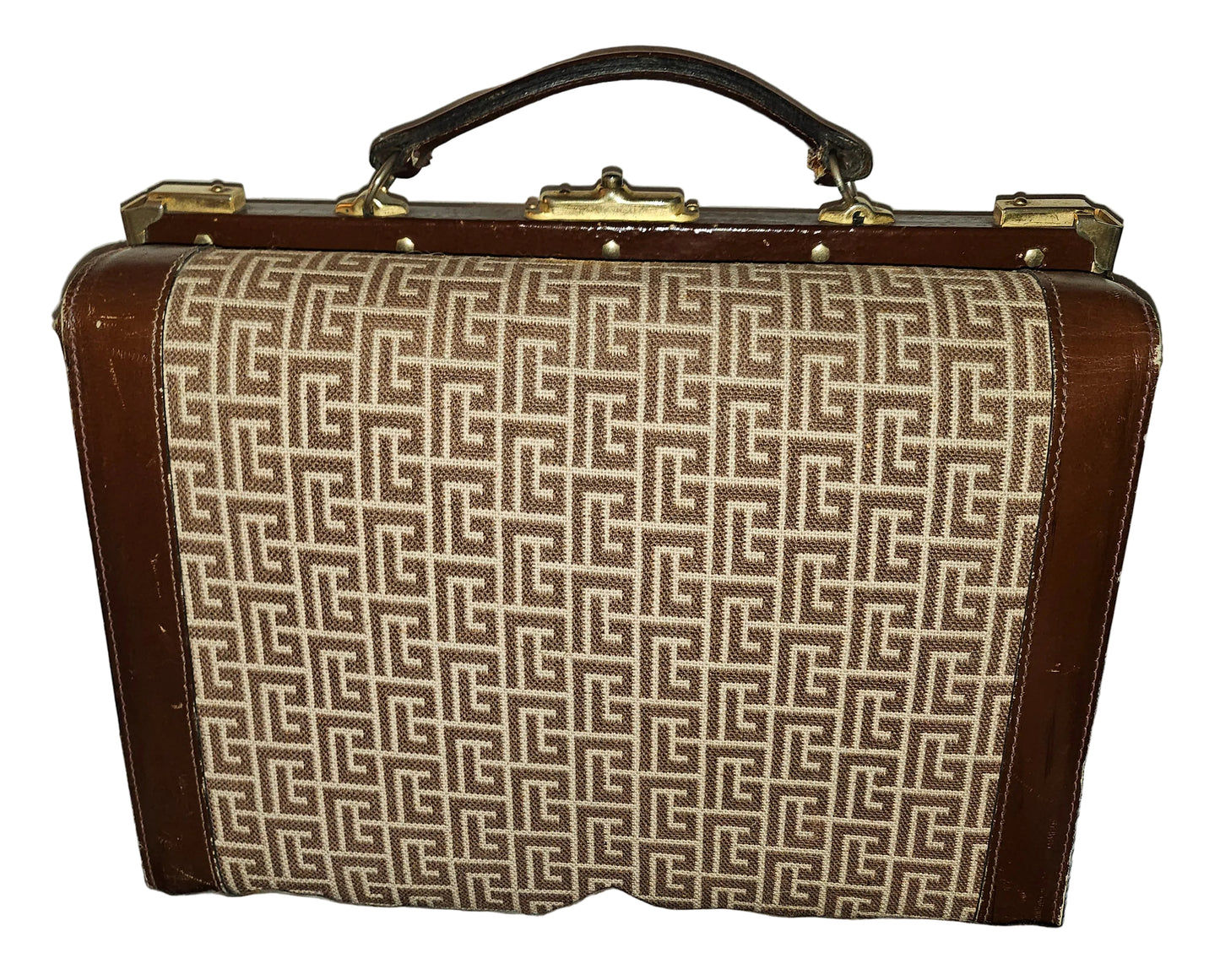 Balmain ivory subway print on brown leather 1960s train case in MINT condition!