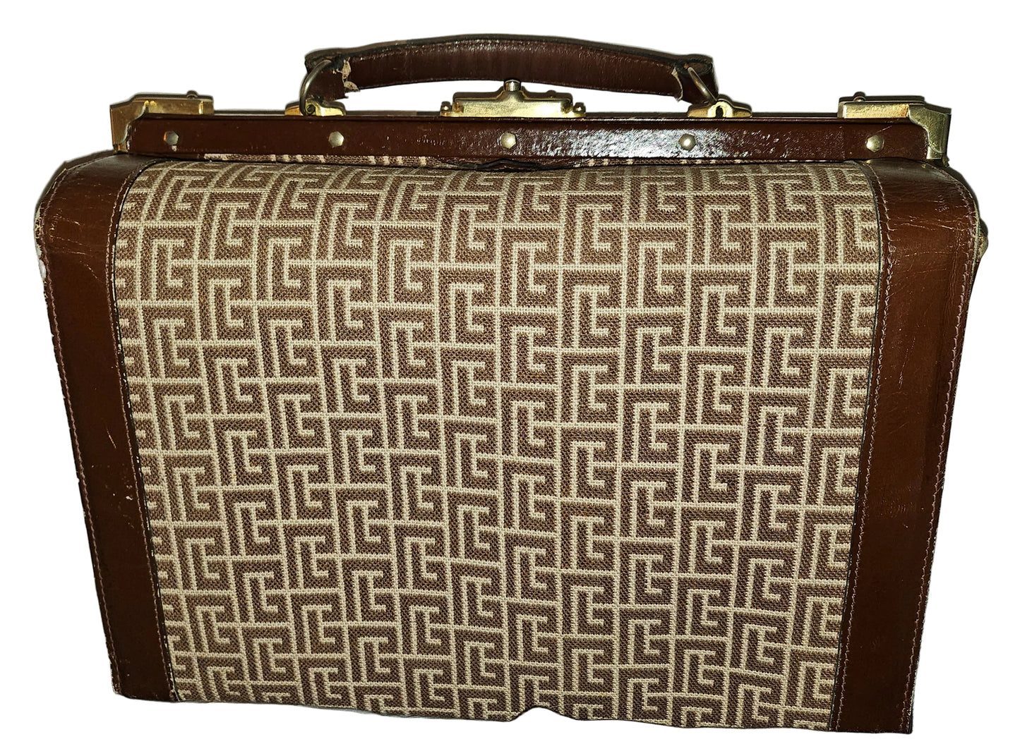 Balmain ivory subway print on brown leather 1960s train case in MINT condition!