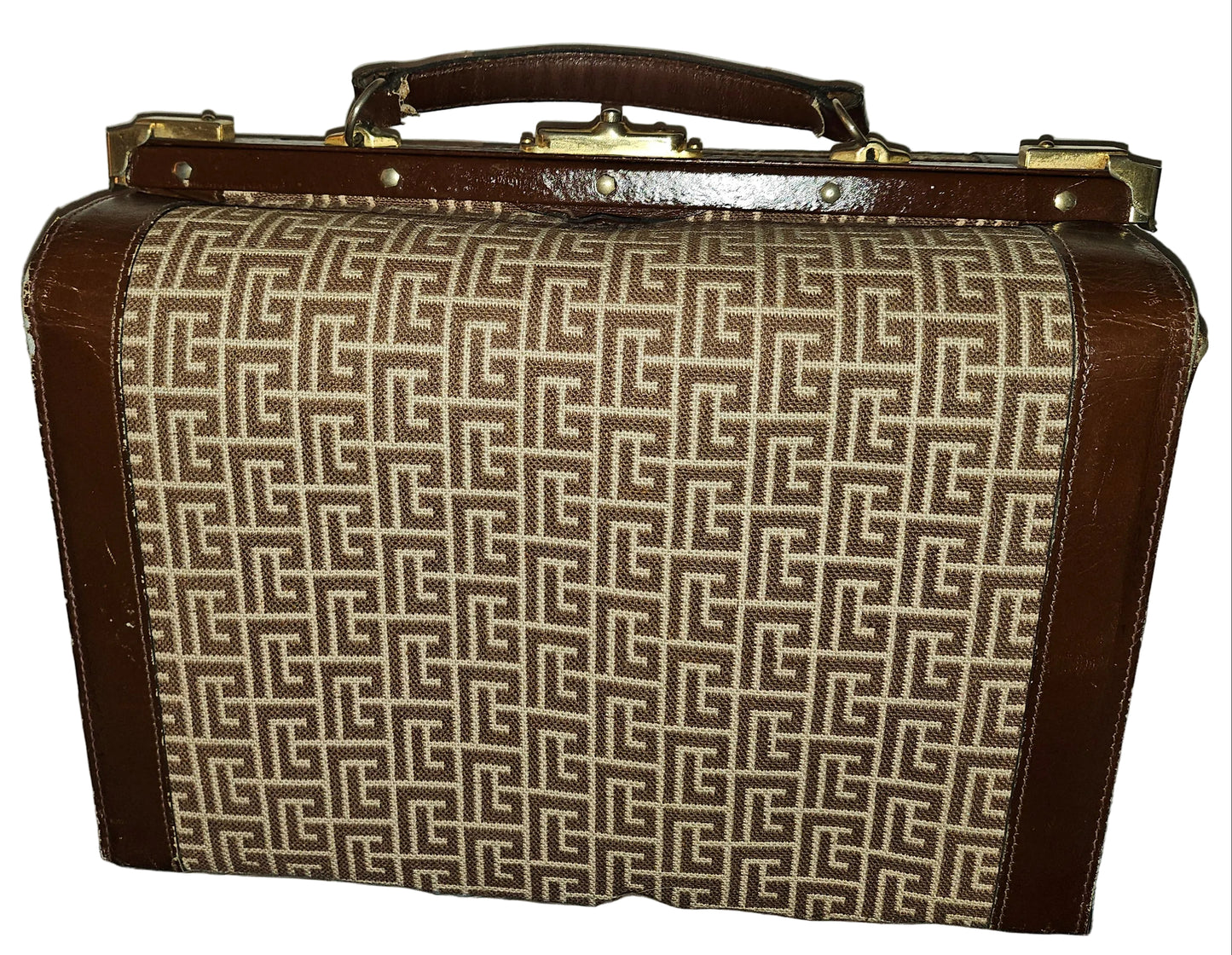 Balmain ivory subway print on brown leather 1960s train case in MINT condition!