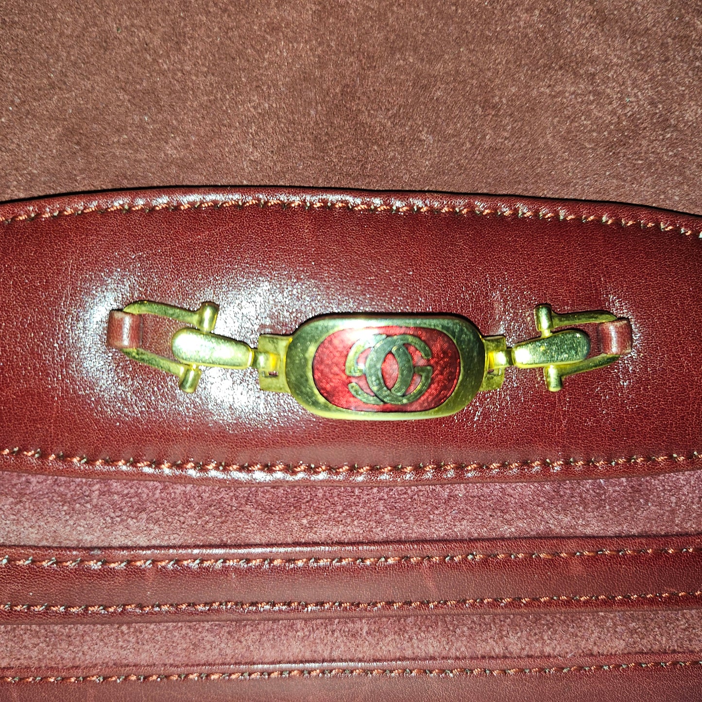 Gucci dark red suede & leather shoulder bag with enamel GG clasp