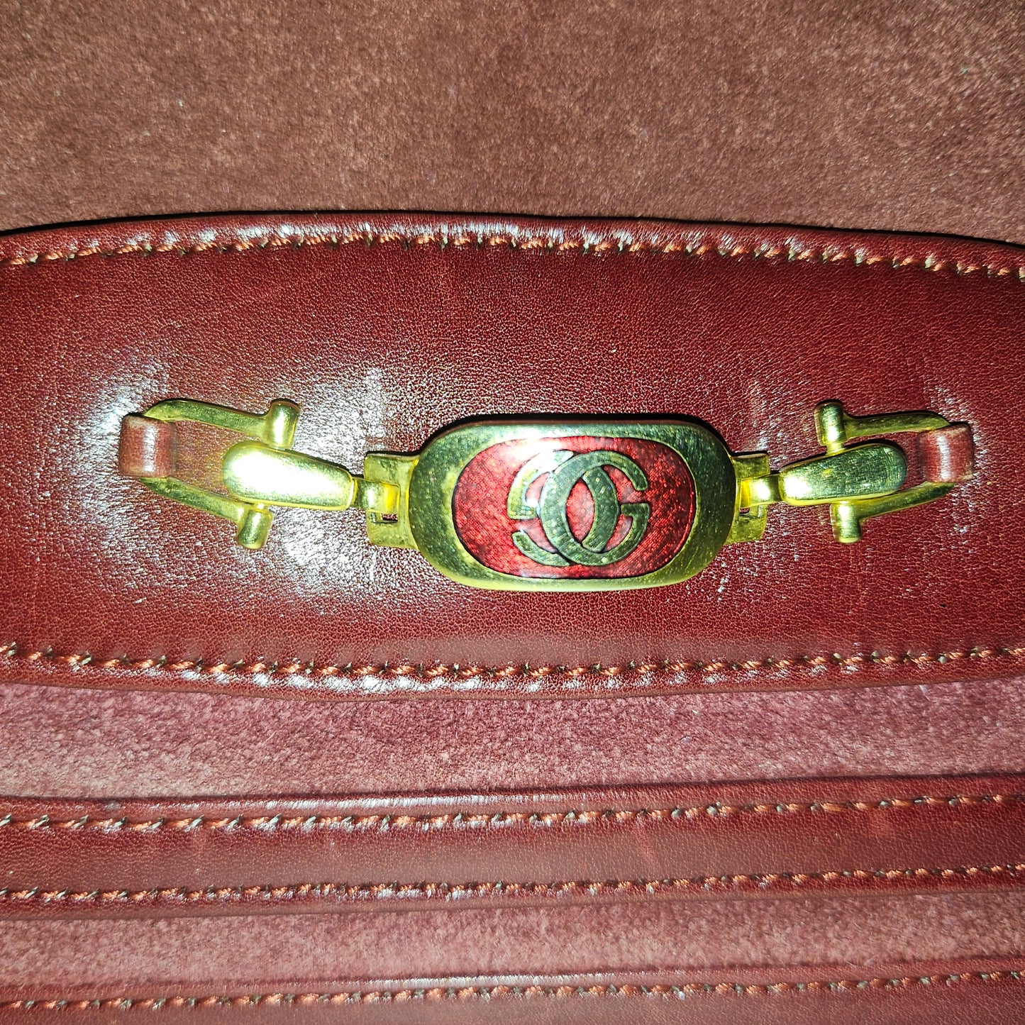 Gucci dark red suede & leather shoulder bag with enamel GG clasp