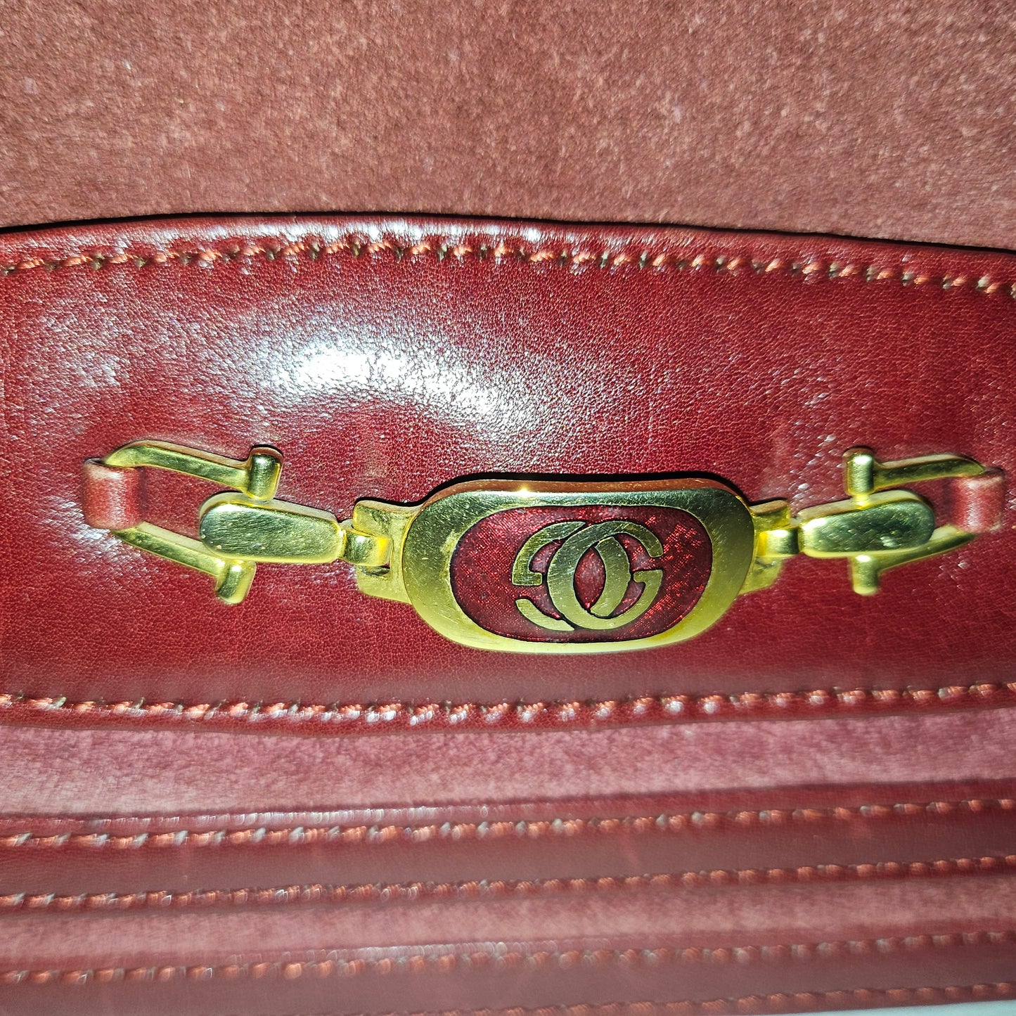 Gucci dark red suede & leather shoulder bag with enamel GG clasp