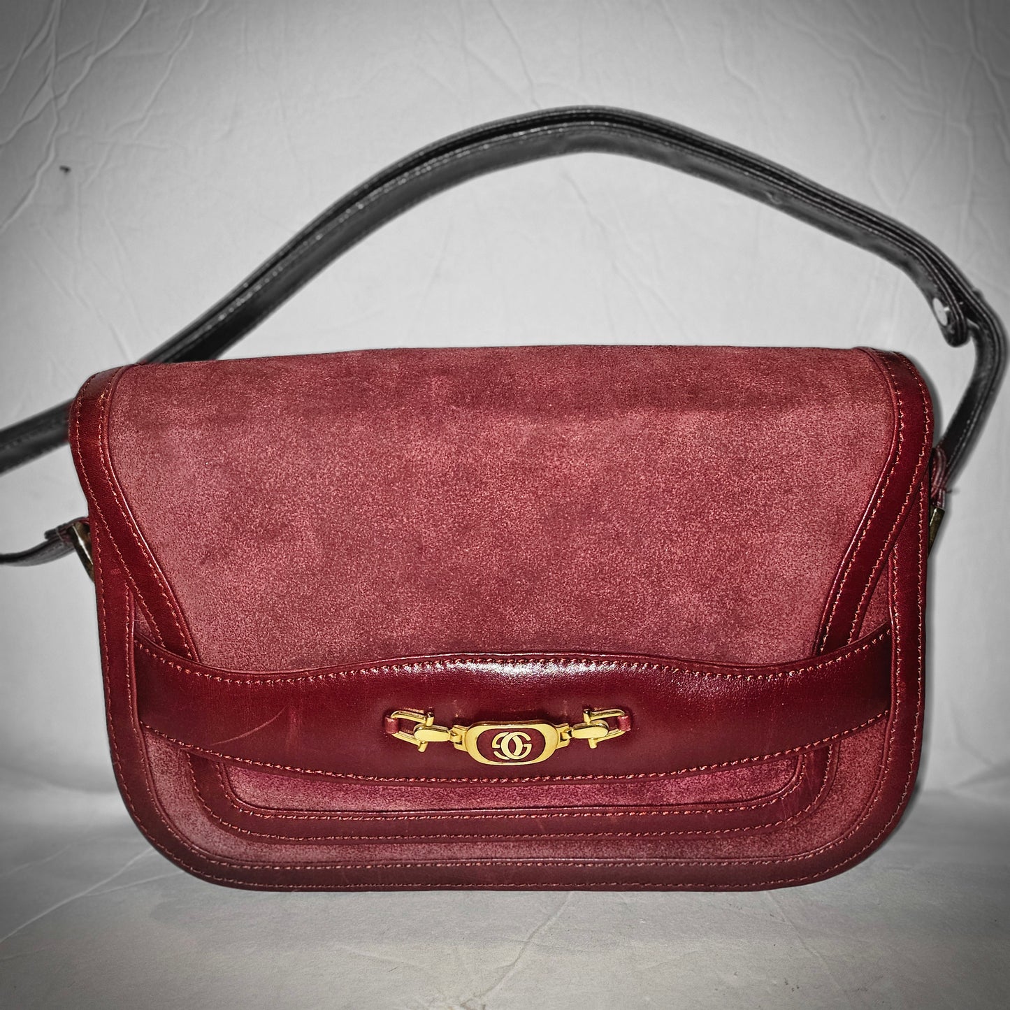 Gucci dark red suede & leather shoulder bag with enamel GG clasp