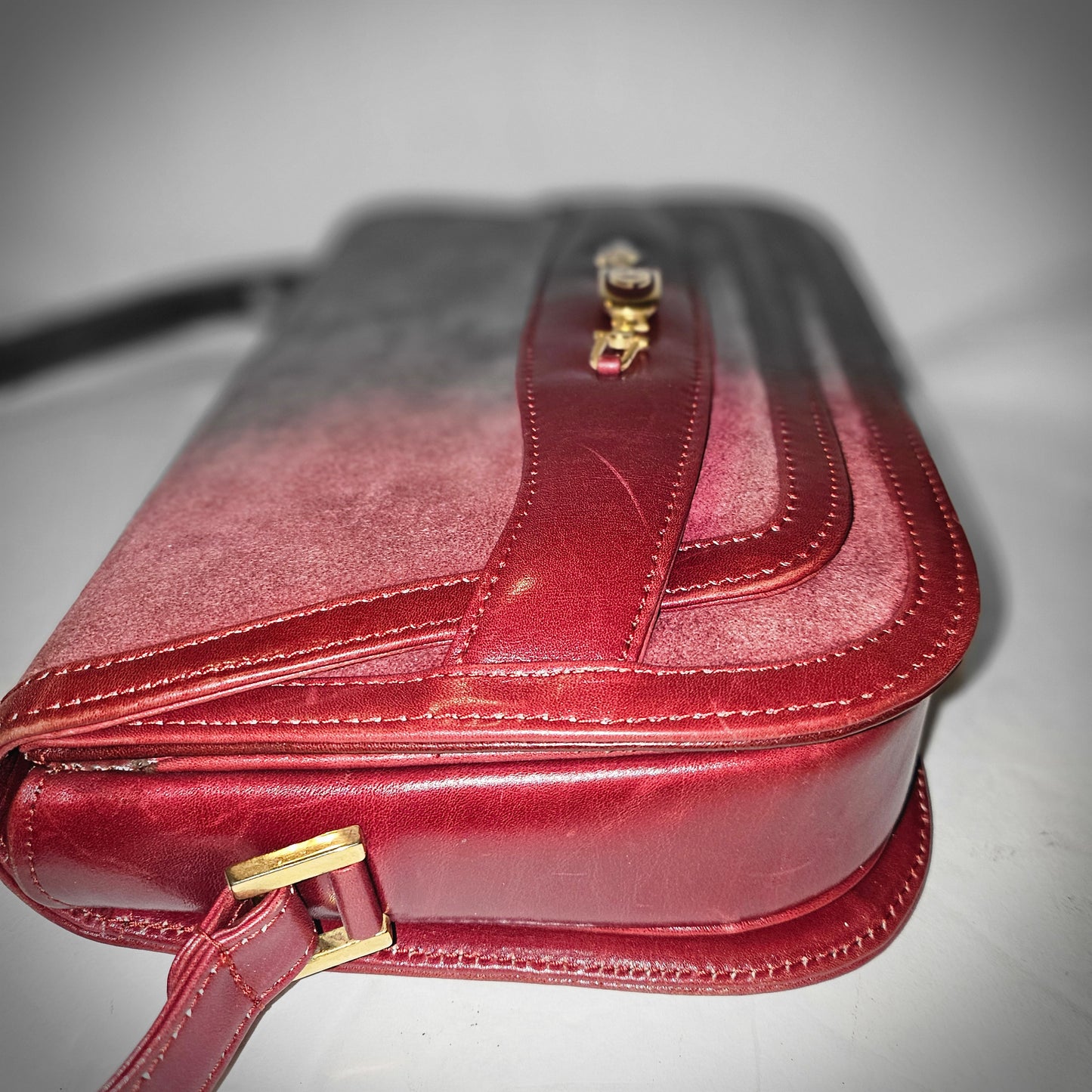 Gucci dark red suede & leather shoulder bag with enamel GG clasp