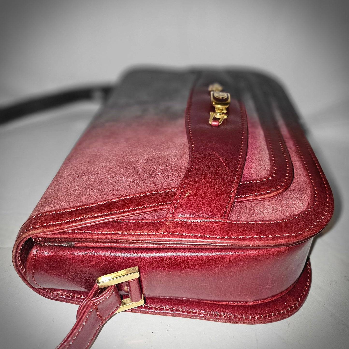 Gucci dark red suede & leather shoulder bag with enamel GG clasp