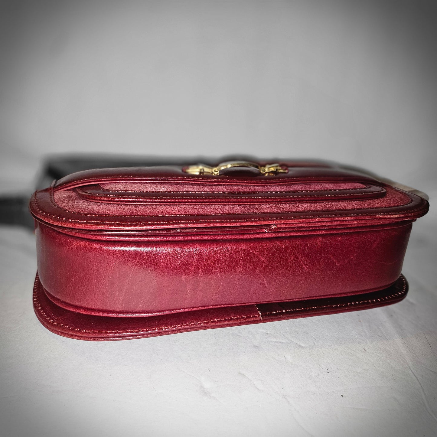 Gucci dark red suede & leather shoulder bag with enamel GG clasp