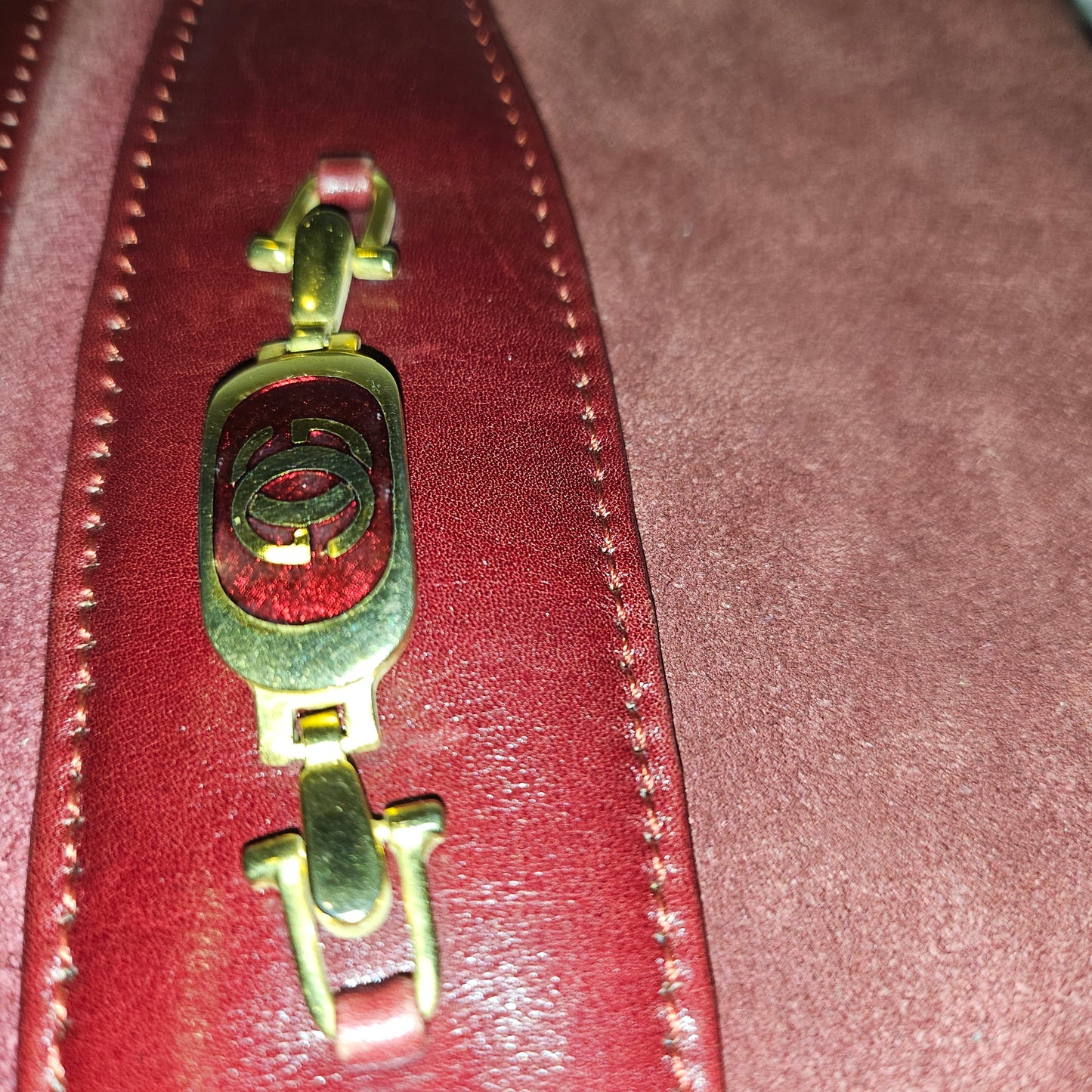 Gucci dark red suede & leather shoulder bag with enamel GG clasp