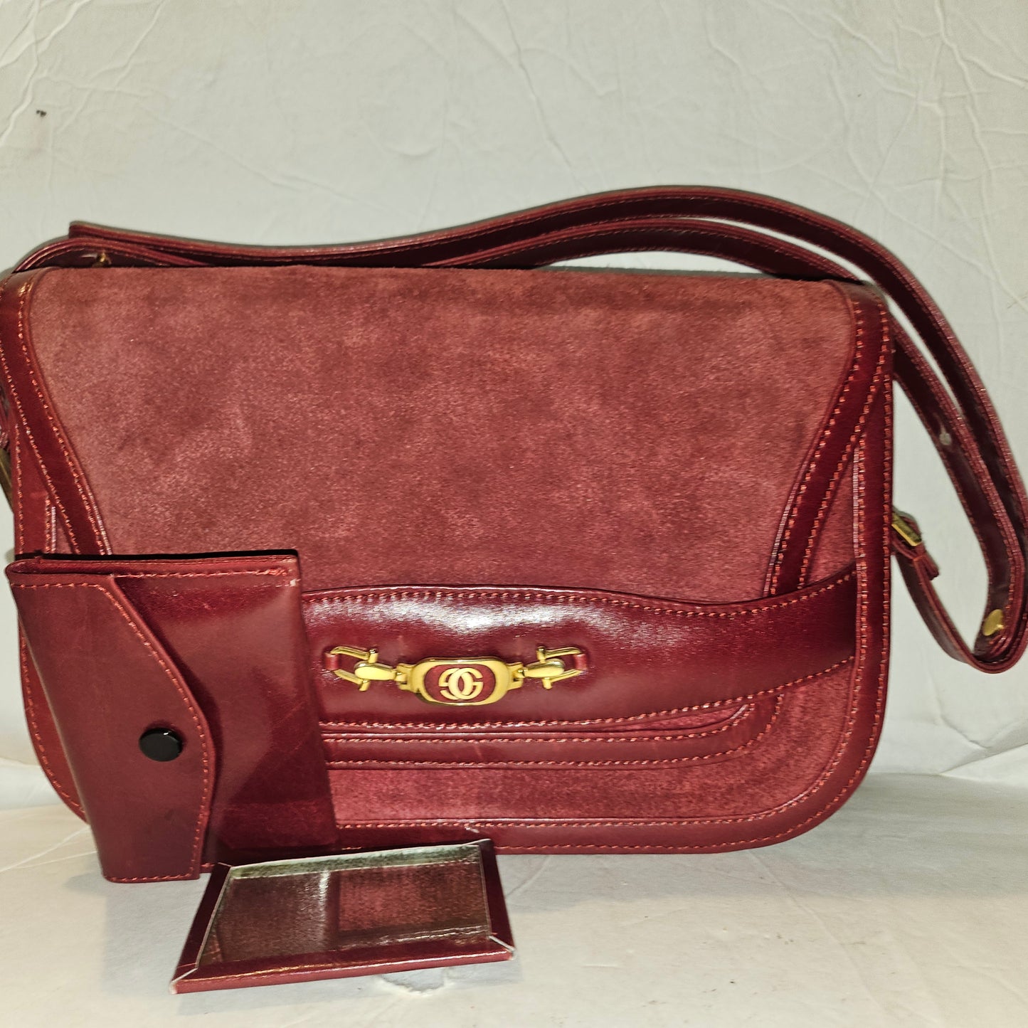 Gucci dark red suede & leather shoulder bag with enamel GG clasp