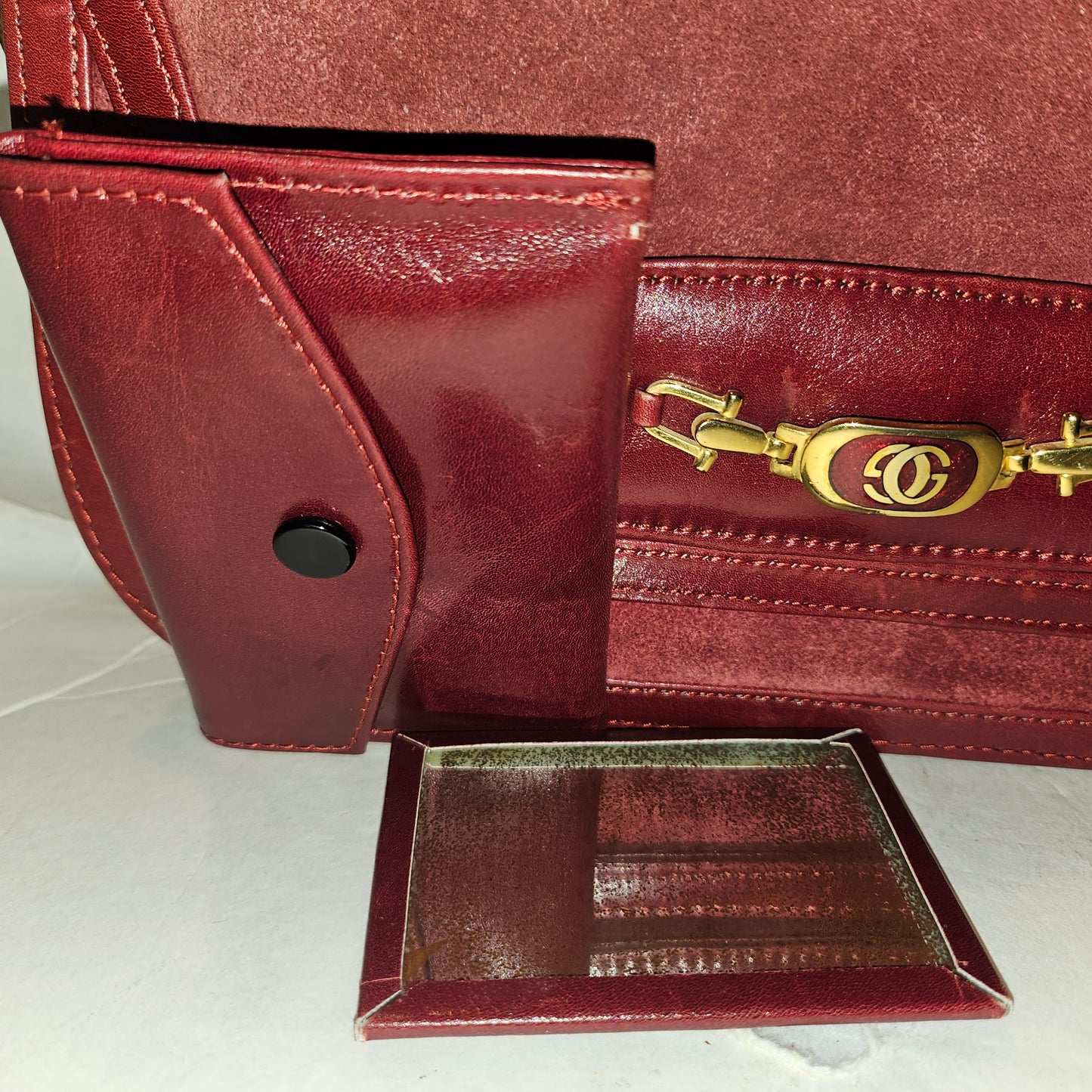 Gucci dark red suede & leather shoulder bag with enamel GG clasp