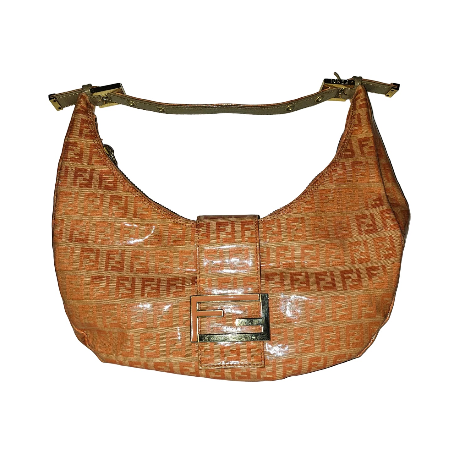 Fendi orange Zucchino print patent leather hobo shoulder style croissant baguette bag