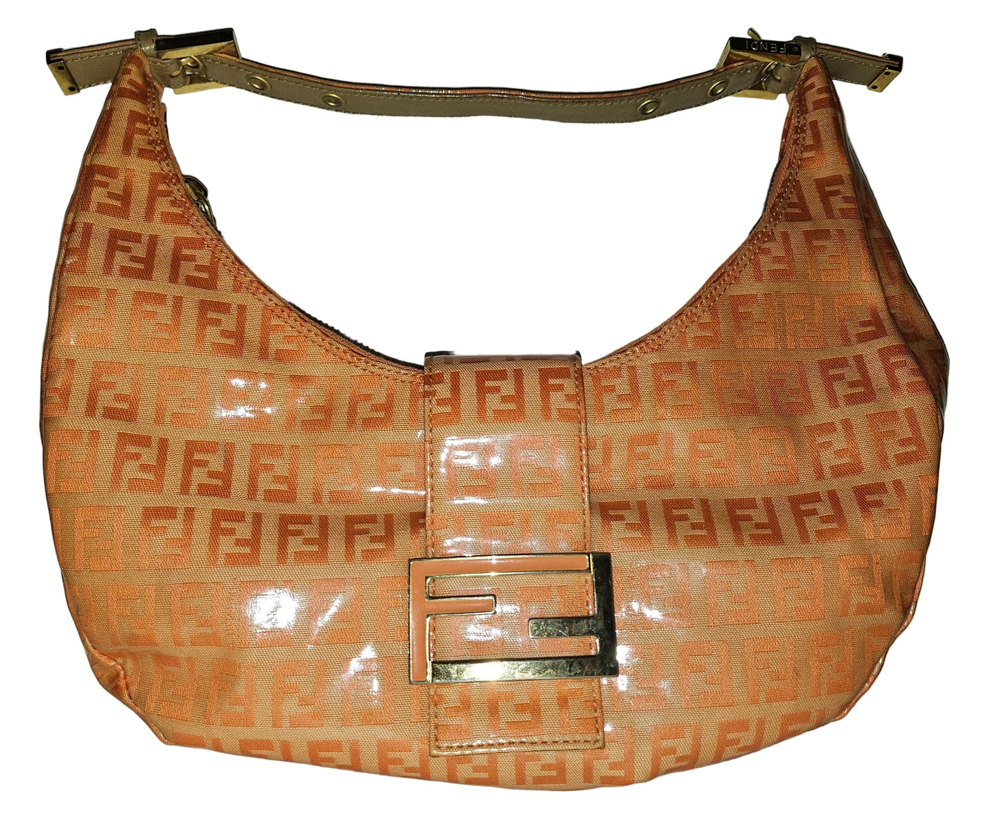 Fendi orange Zucchino print patent leather hobo shoulder style croissant baguette bag