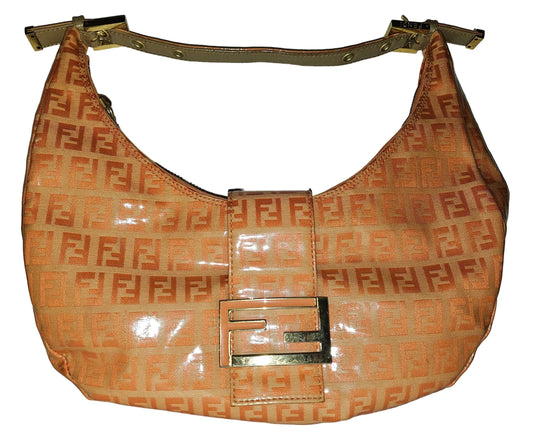 Fendi orange Zucchino print patent leather hobo shoulder style croissant baguette bag