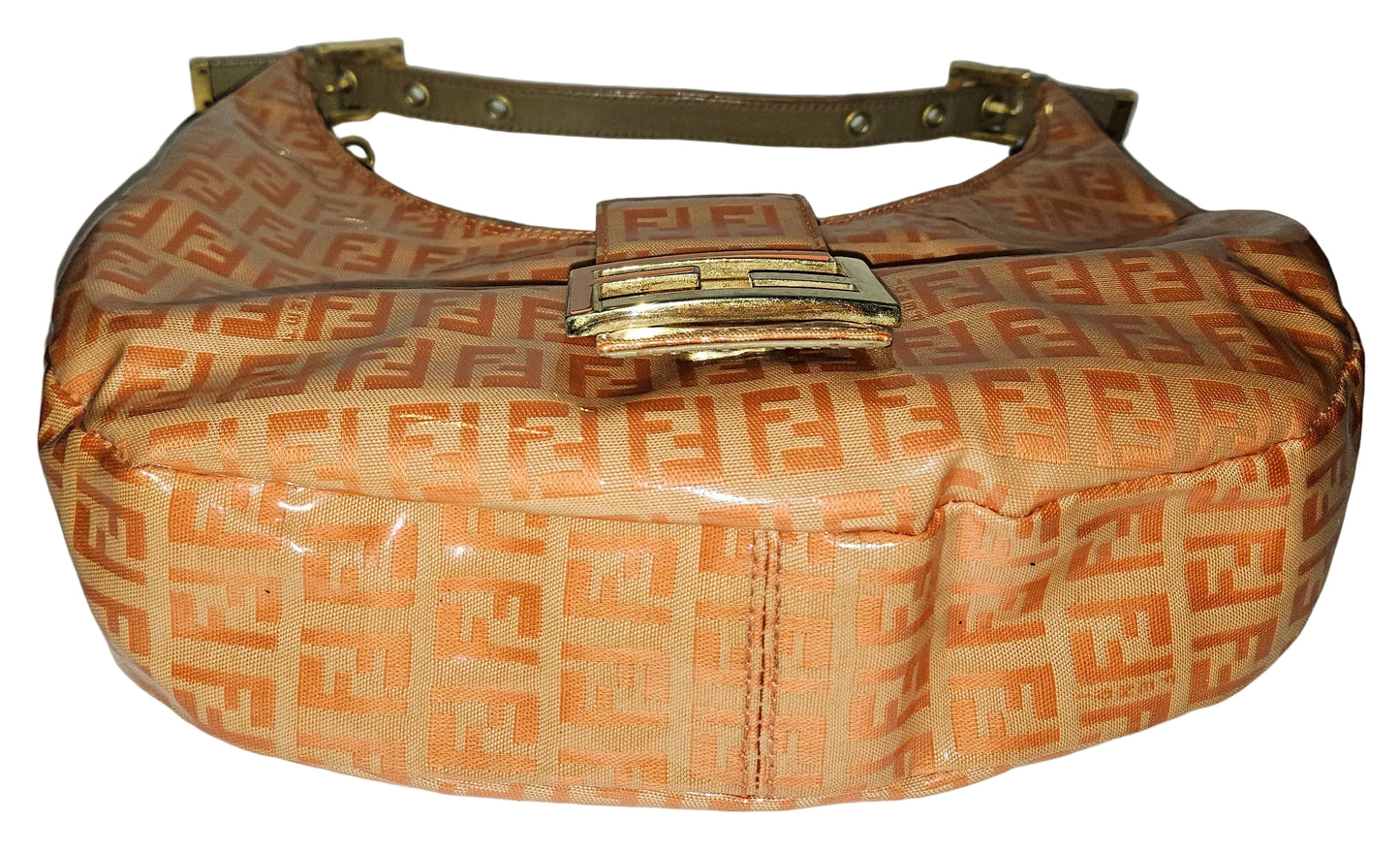 Fendi orange Zucchino print patent leather hobo shoulder style croissant baguette bag
