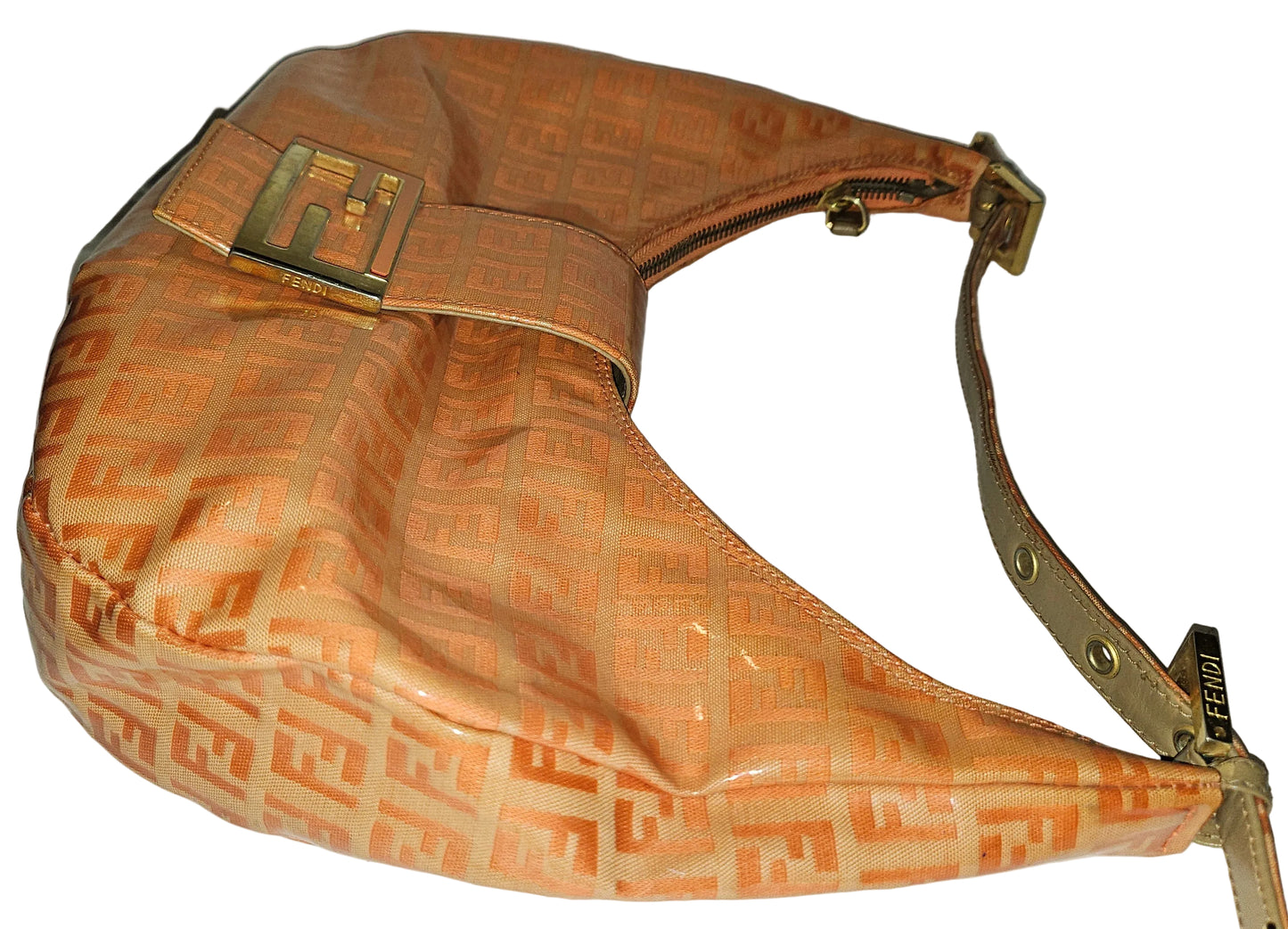 Fendi orange Zucchino print patent leather hobo shoulder style croissant baguette bag