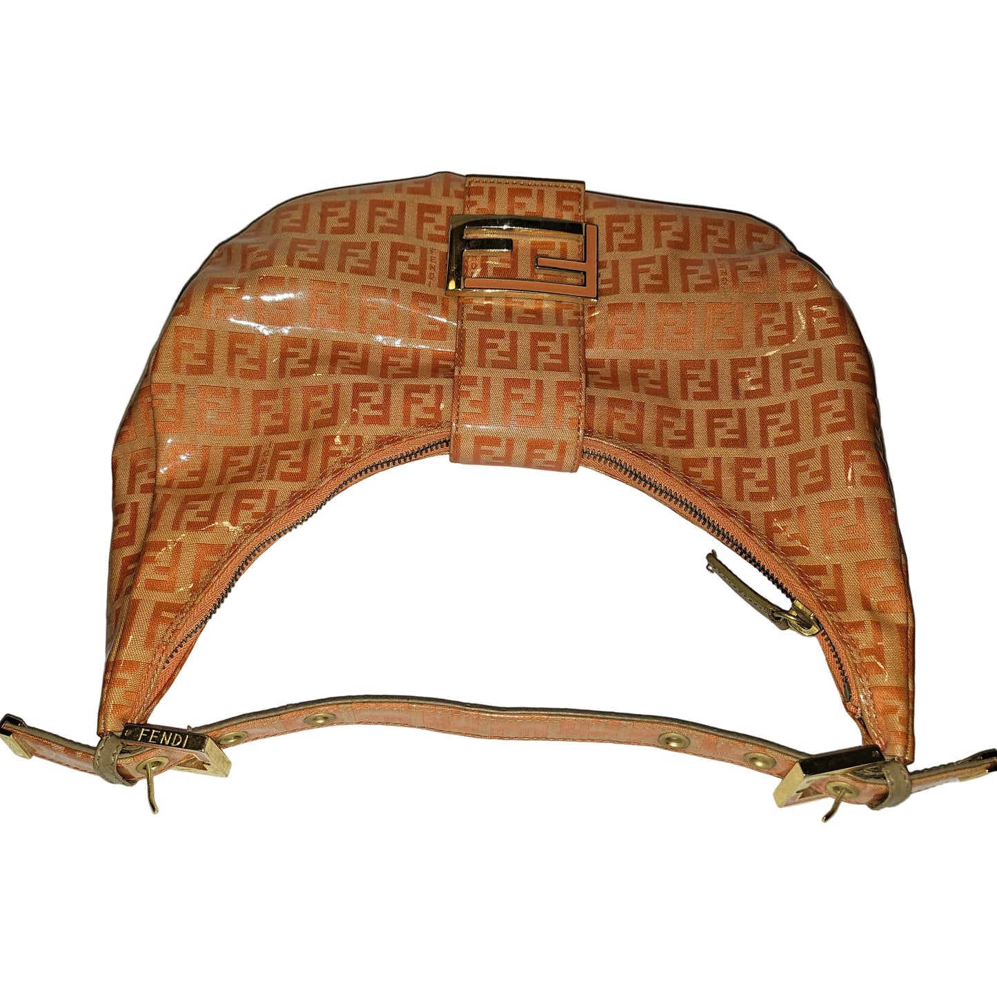 Fendi orange Zucchino print patent leather hobo shoulder style croissant baguette bag