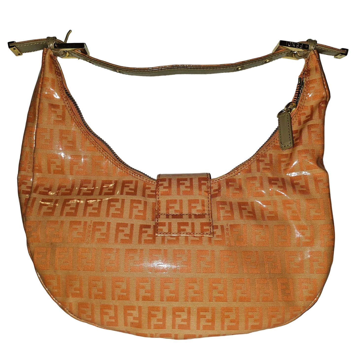 Fendi orange Zucchino print patent leather hobo shoulder style croissant baguette bag
