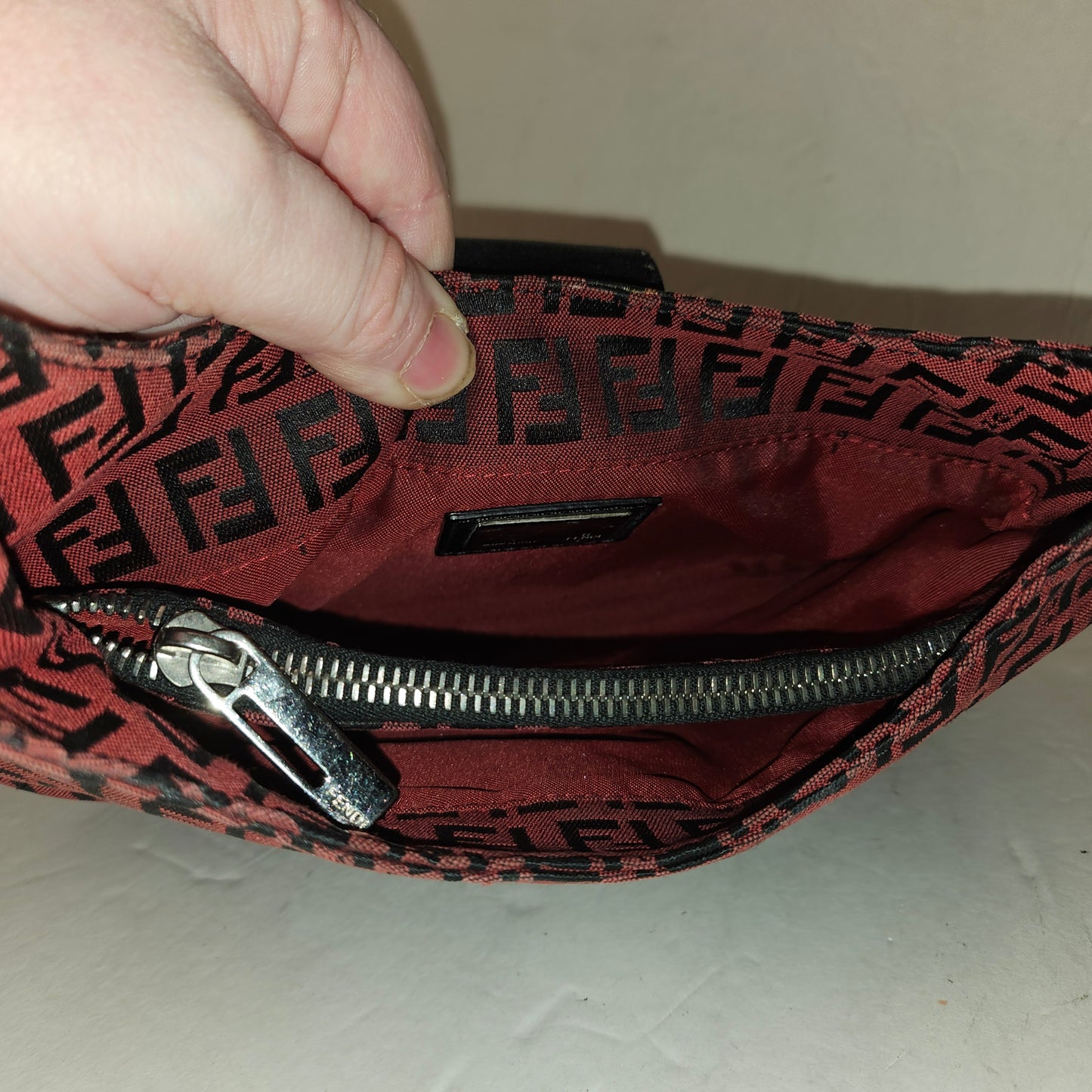 Fendi black Zucchino print on dark red canvas & black leather large baguette w 'V' shaped top