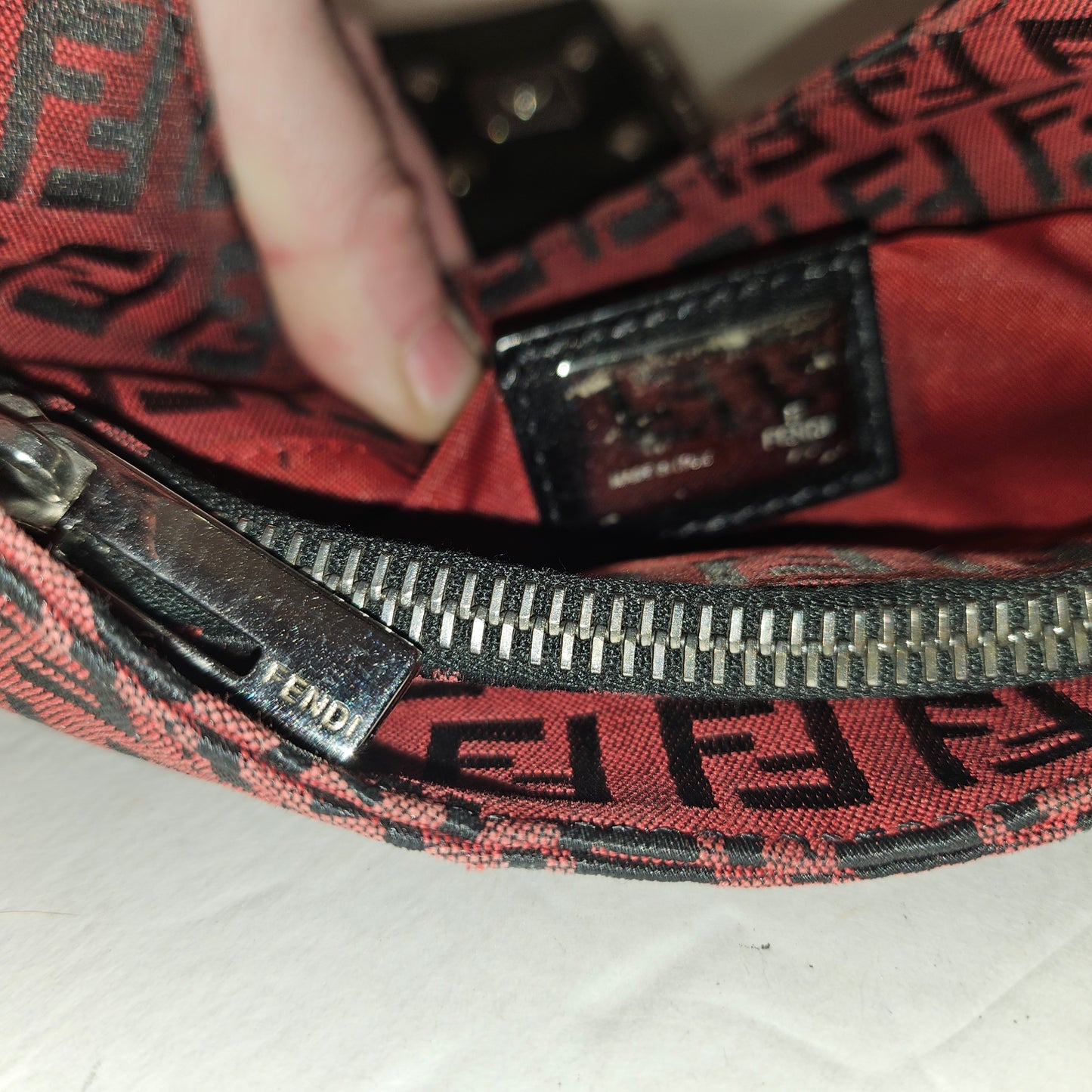 Fendi black Zucchino print on dark red canvas & black leather large baguette w 'V' shaped top