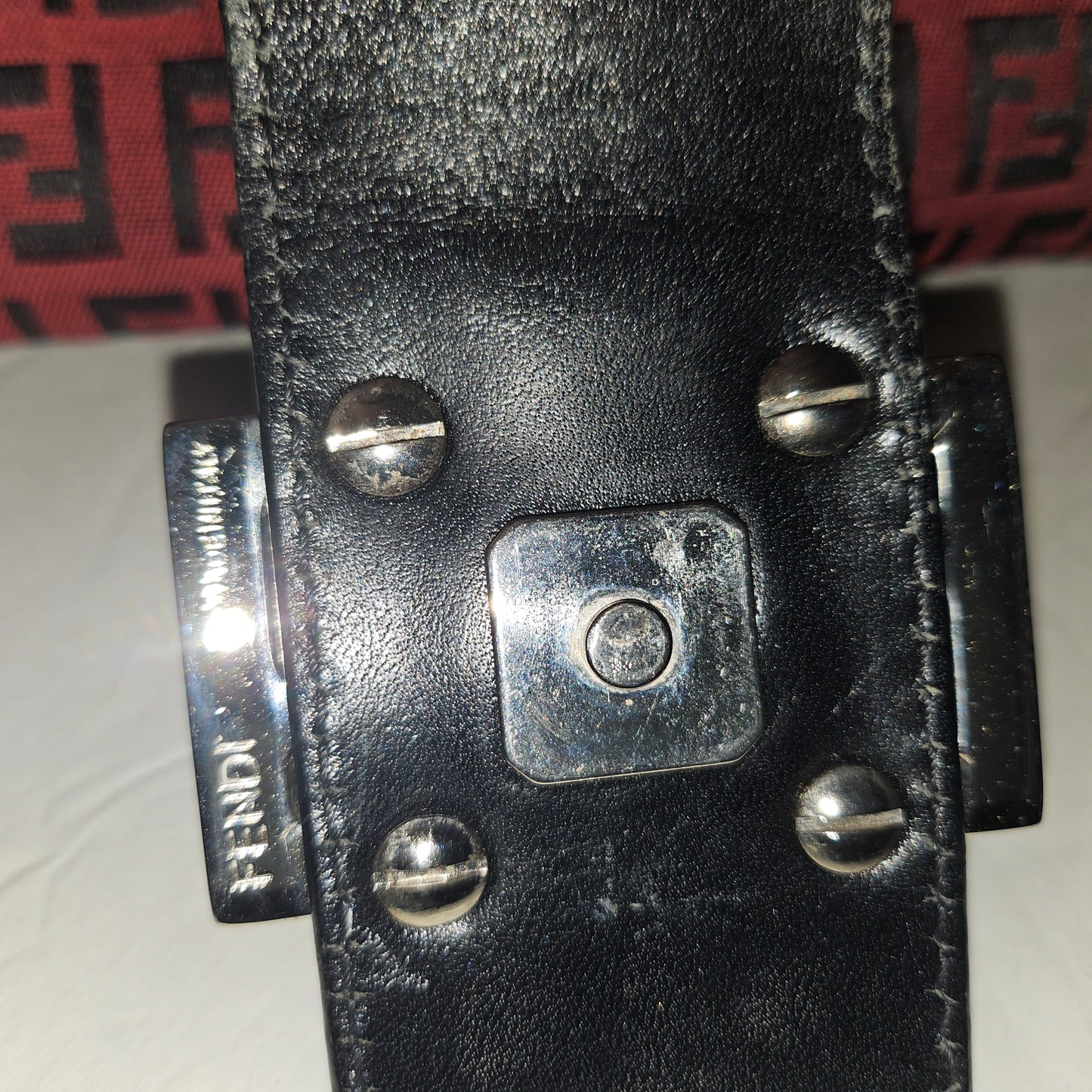 Fendi black Zucchino print on dark red canvas & black leather large baguette w 'V' shaped top