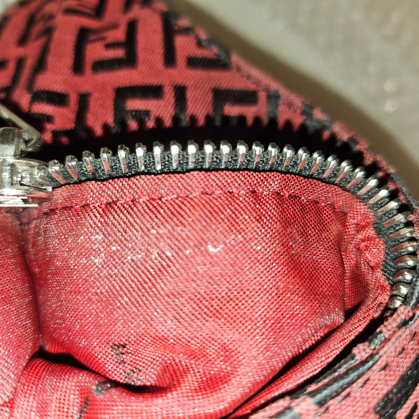 Fendi black Zucchino print on dark red canvas & black leather large baguette w 'V' shaped top