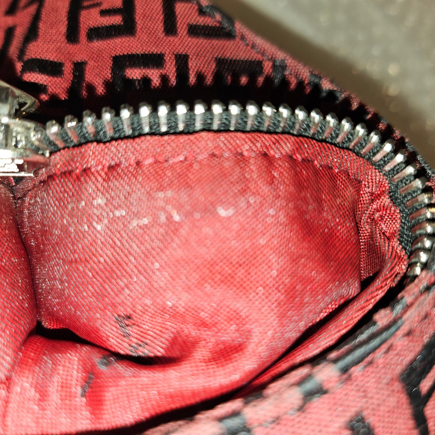 Fendi black Zucchino print on dark red canvas & black leather large baguette w 'V' shaped top