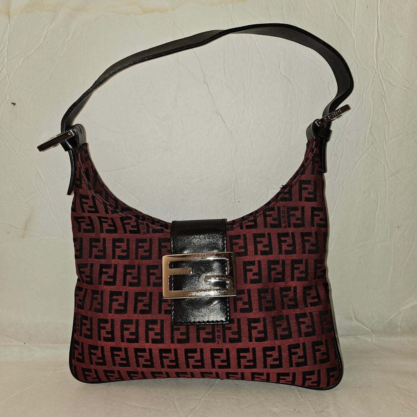 Fendi black Zucchino print on dark red canvas & black leather large baguette w 'V' shaped top