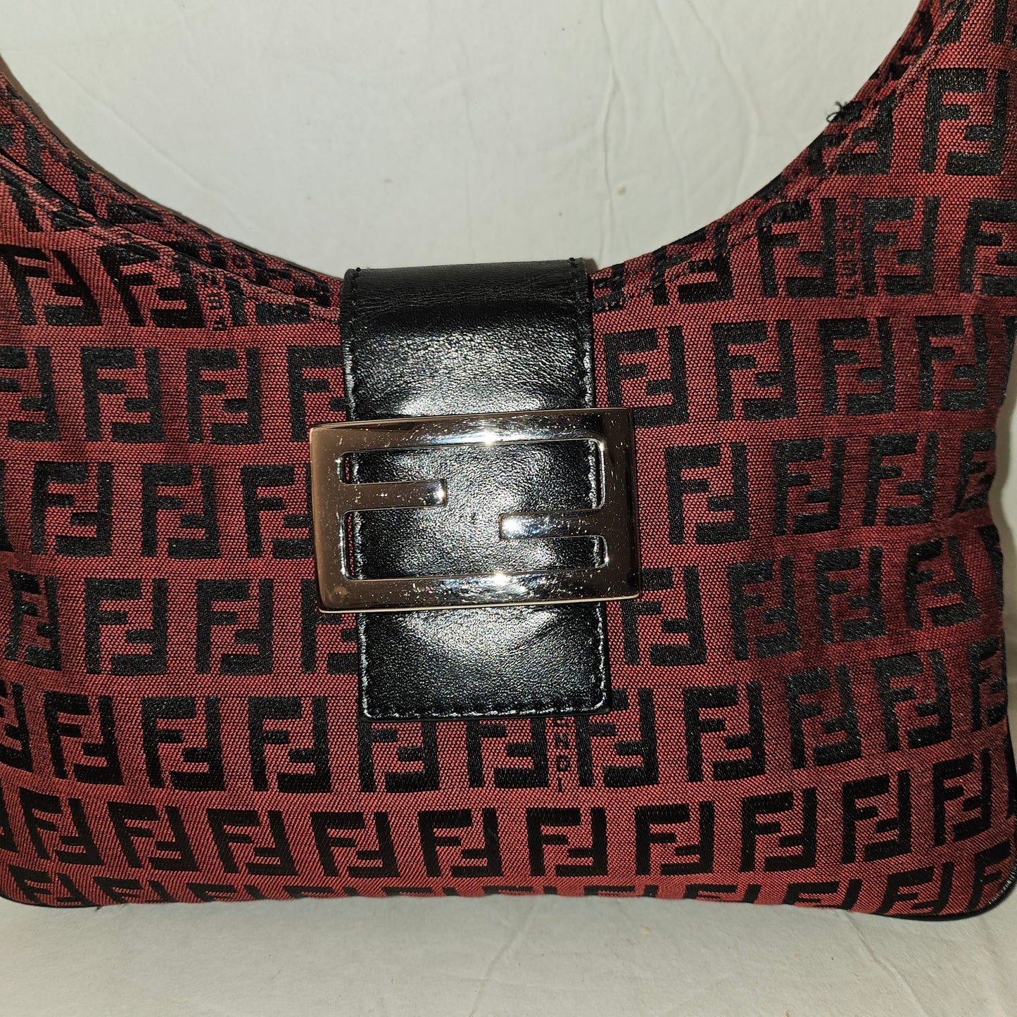 Fendi black Zucchino print on dark red canvas & black leather large baguette w 'V' shaped top