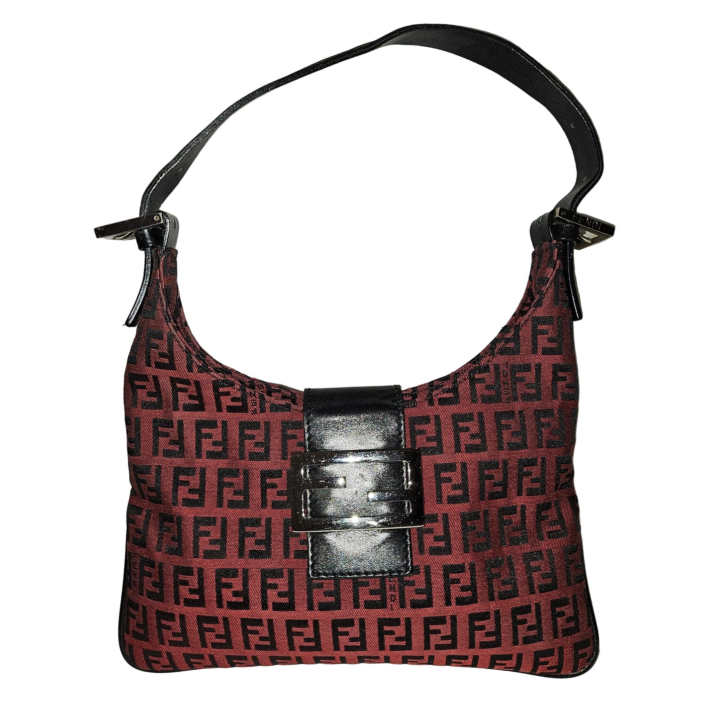 Fendi black Zucchino print on dark red canvas & black leather large baguette w 'V' shaped top