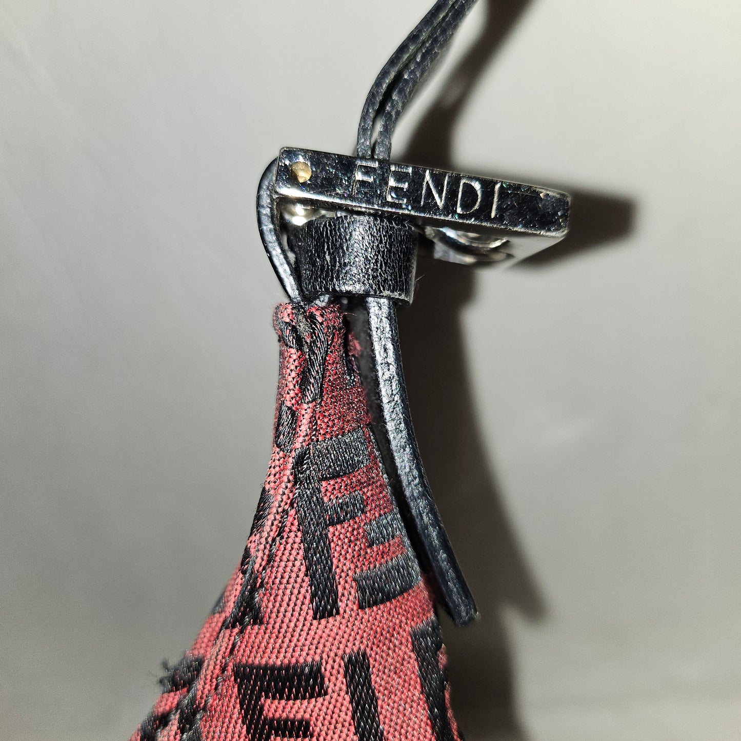 Fendi black Zucchino print on dark red canvas & black leather large baguette w 'V' shaped top