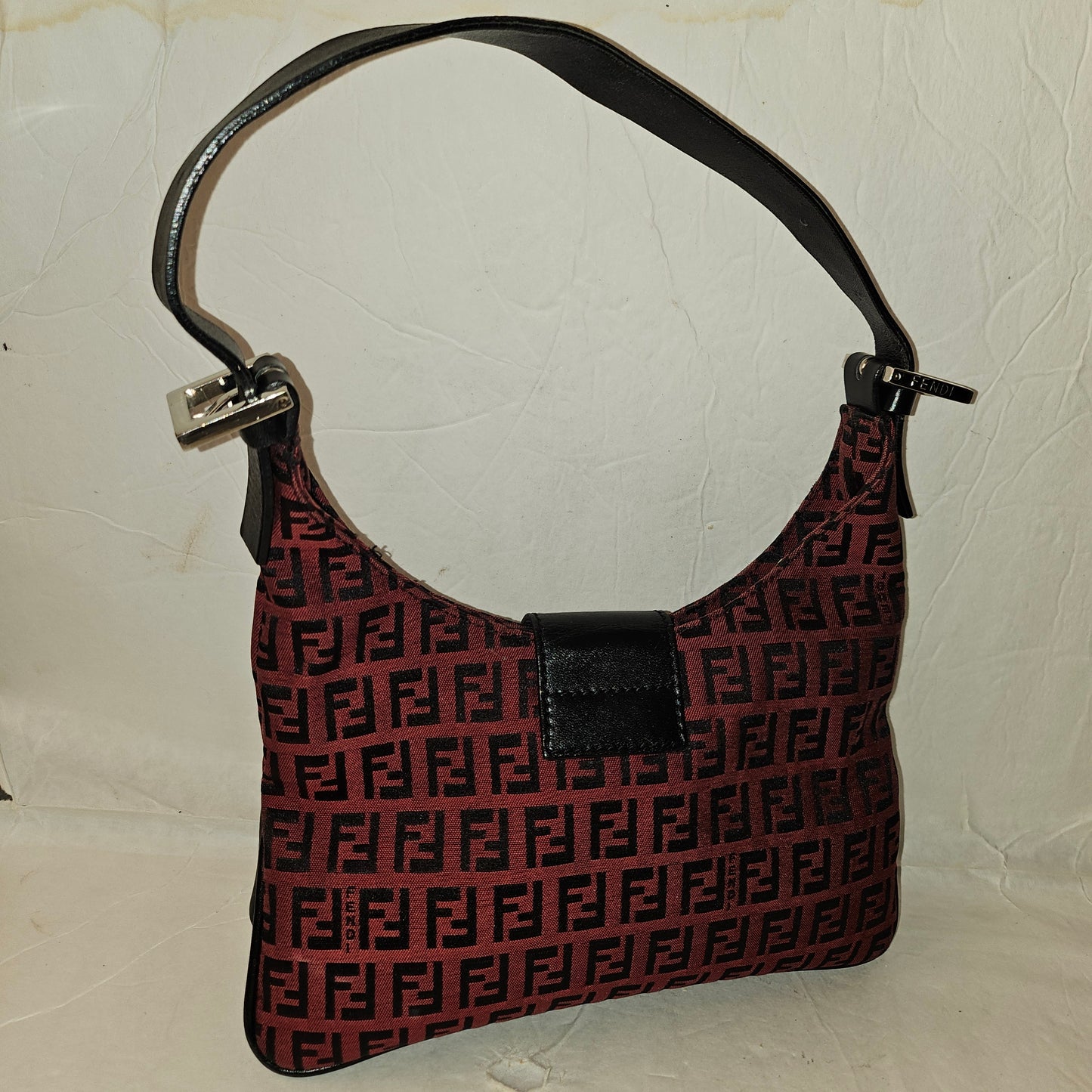 Fendi black Zucchino print on dark red canvas & black leather large baguette w 'V' shaped top