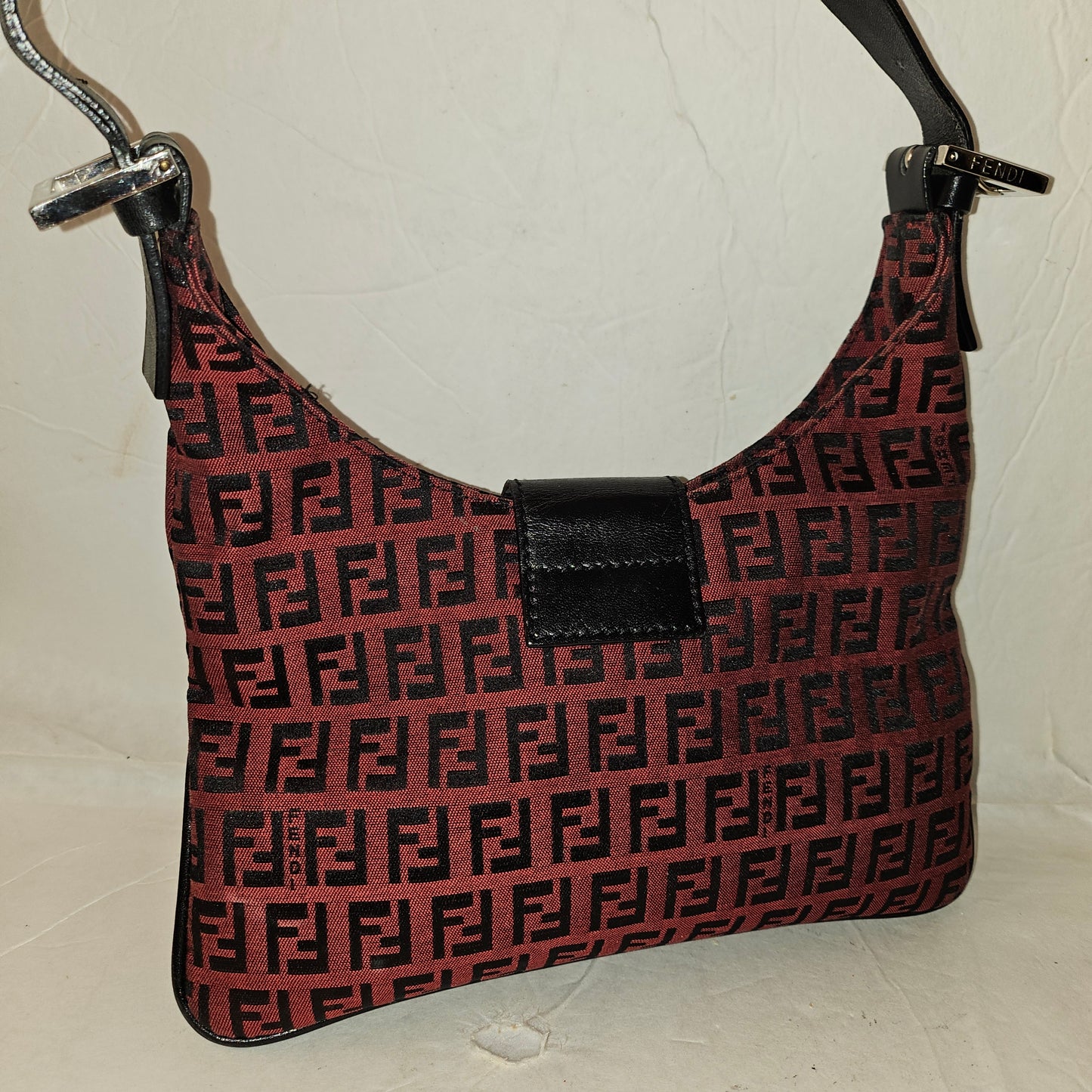Fendi black Zucchino print on dark red canvas & black leather large baguette w 'V' shaped top