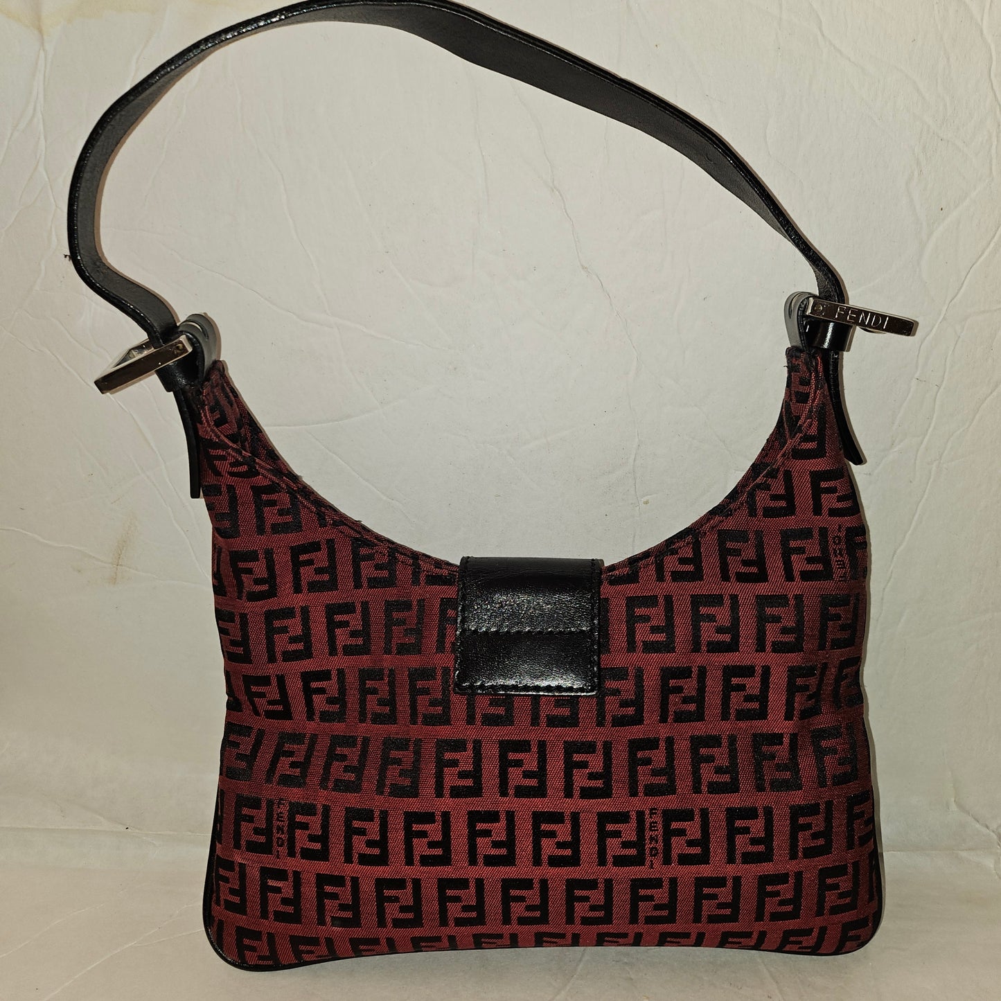 Fendi black Zucchino print on dark red canvas & black leather large baguette w 'V' shaped top