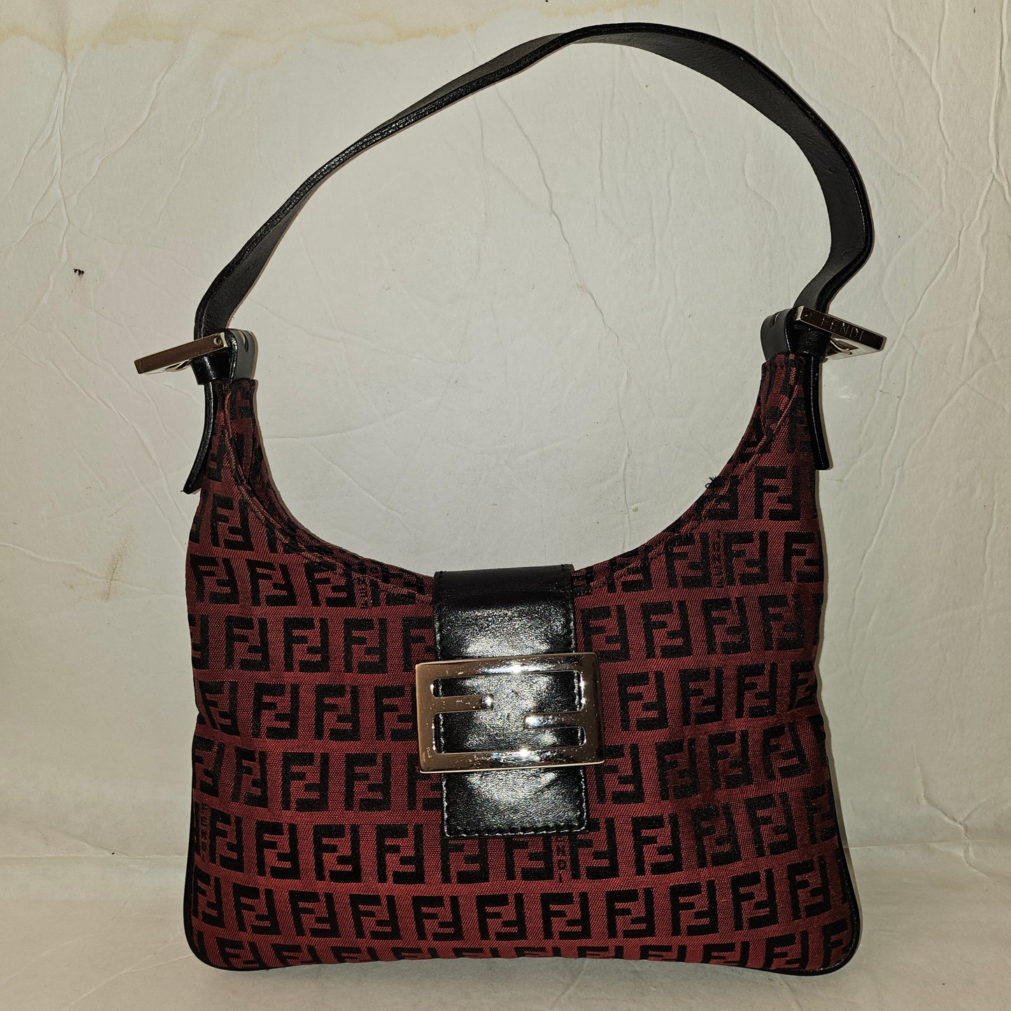 Fendi black Zucchino print on dark red canvas & black leather large baguette w 'V' shaped top