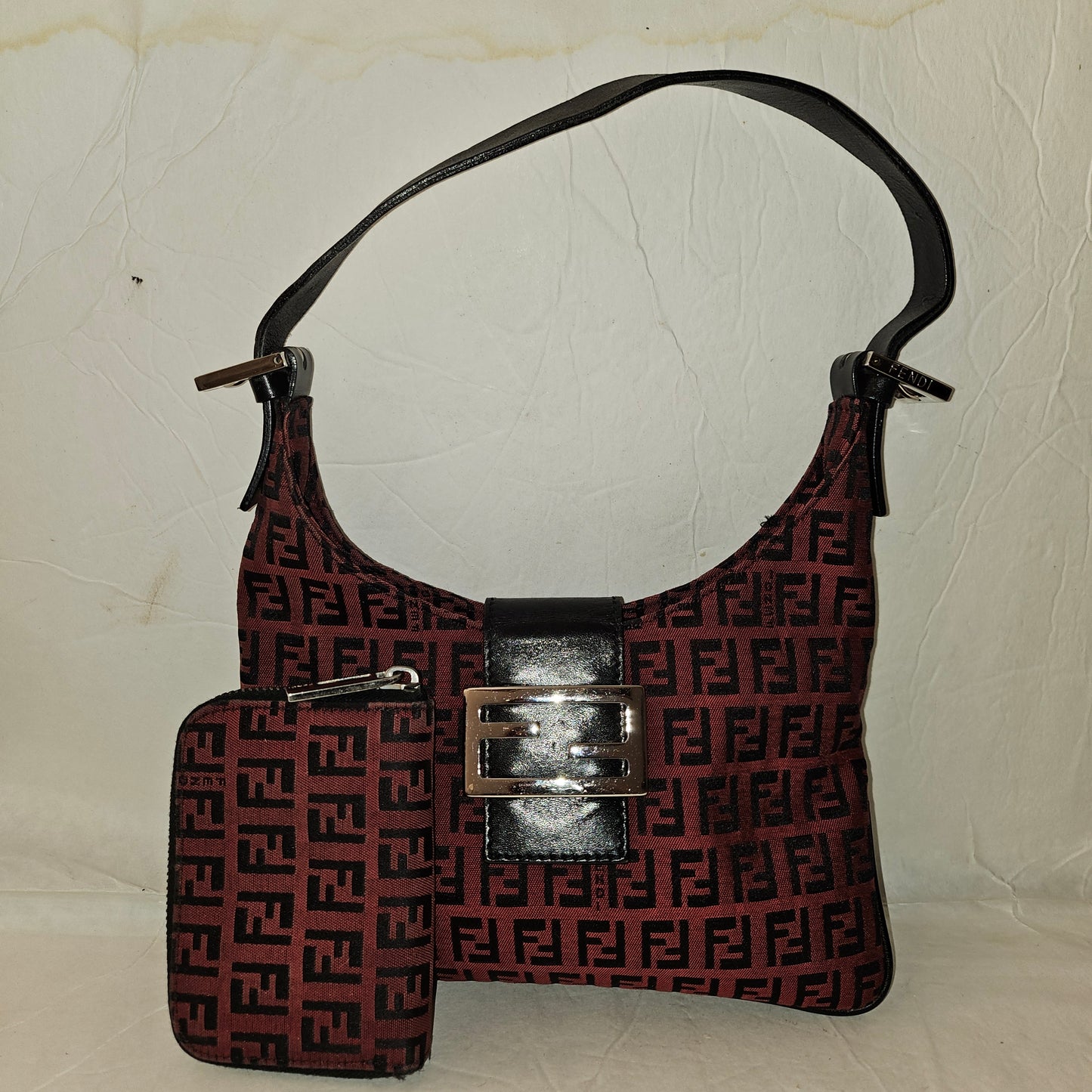 Fendi black Zucchino print on dark red canvas & black leather large baguette w 'V' shaped top