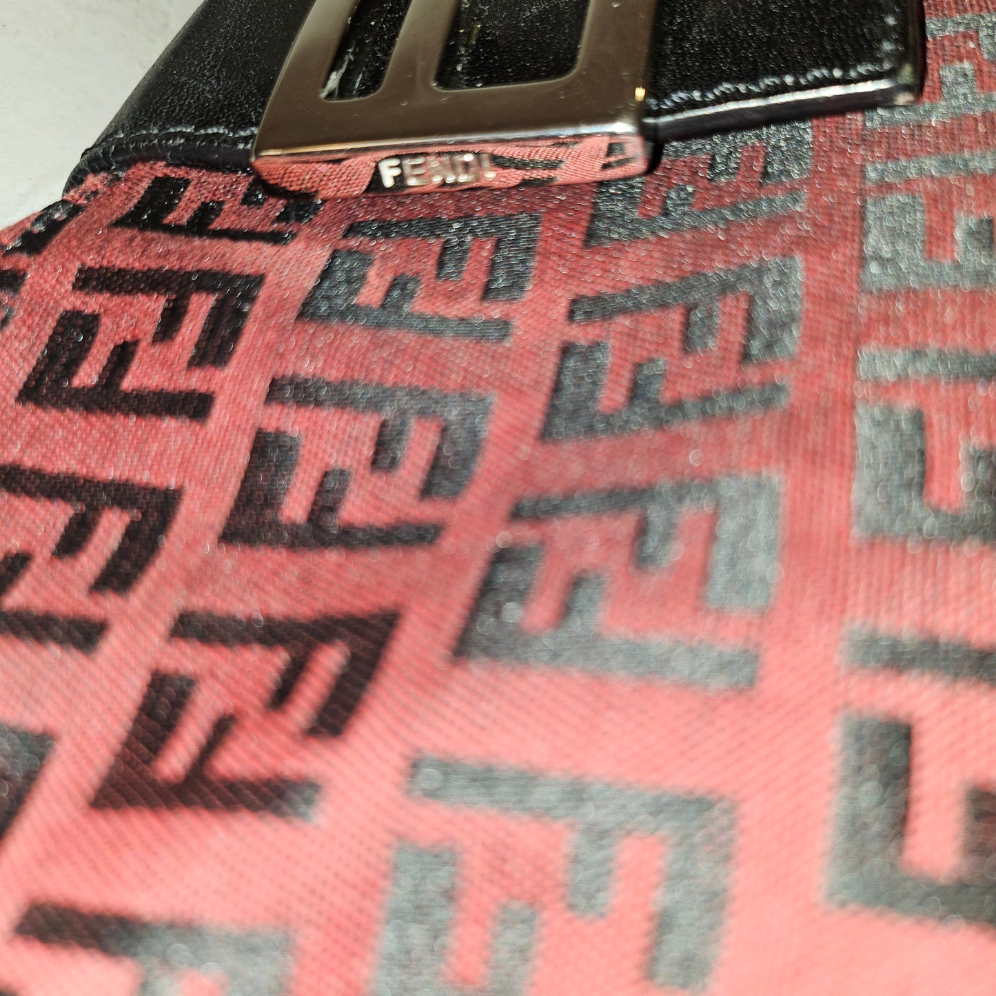 Fendi black Zucchino print on dark red canvas & black leather large baguette w 'V' shaped top