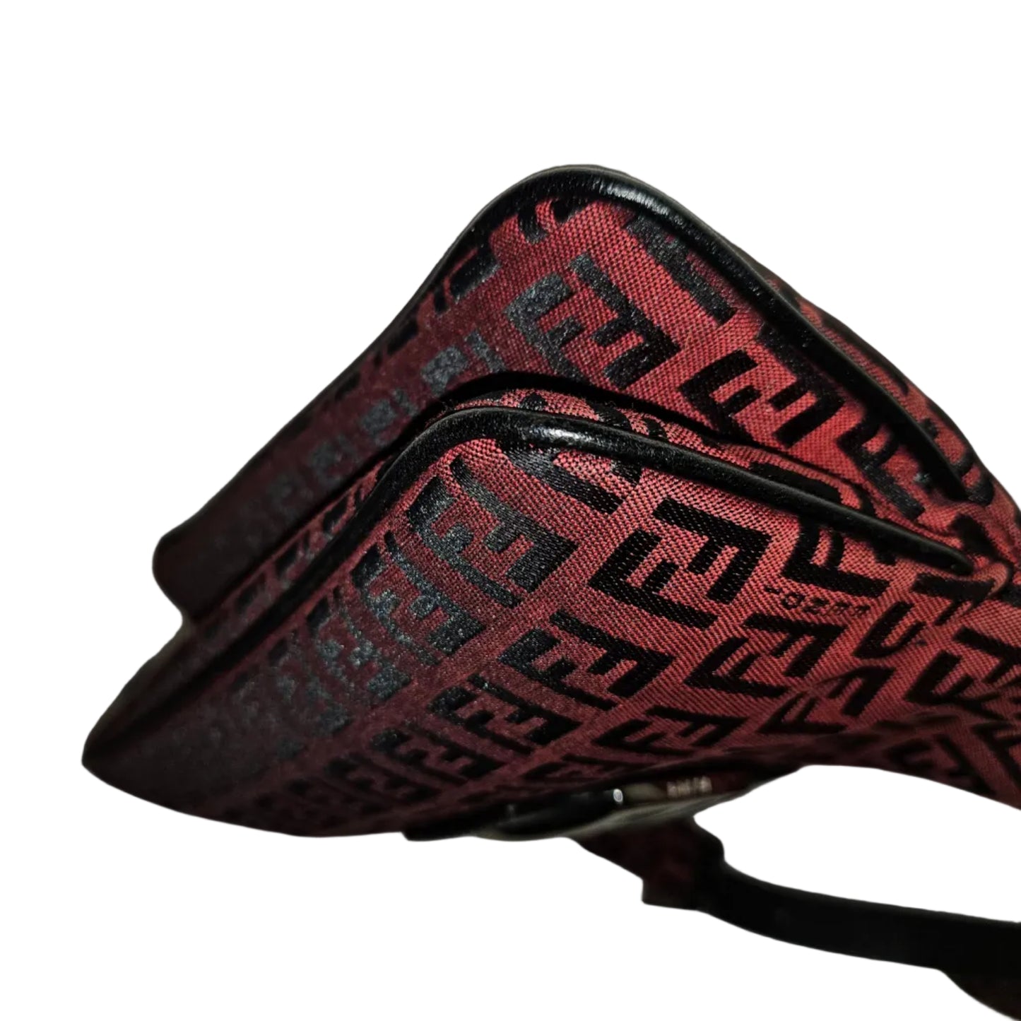 Fendi black Zucchino print on dark red canvas & black leather large baguette w 'V' shaped top
