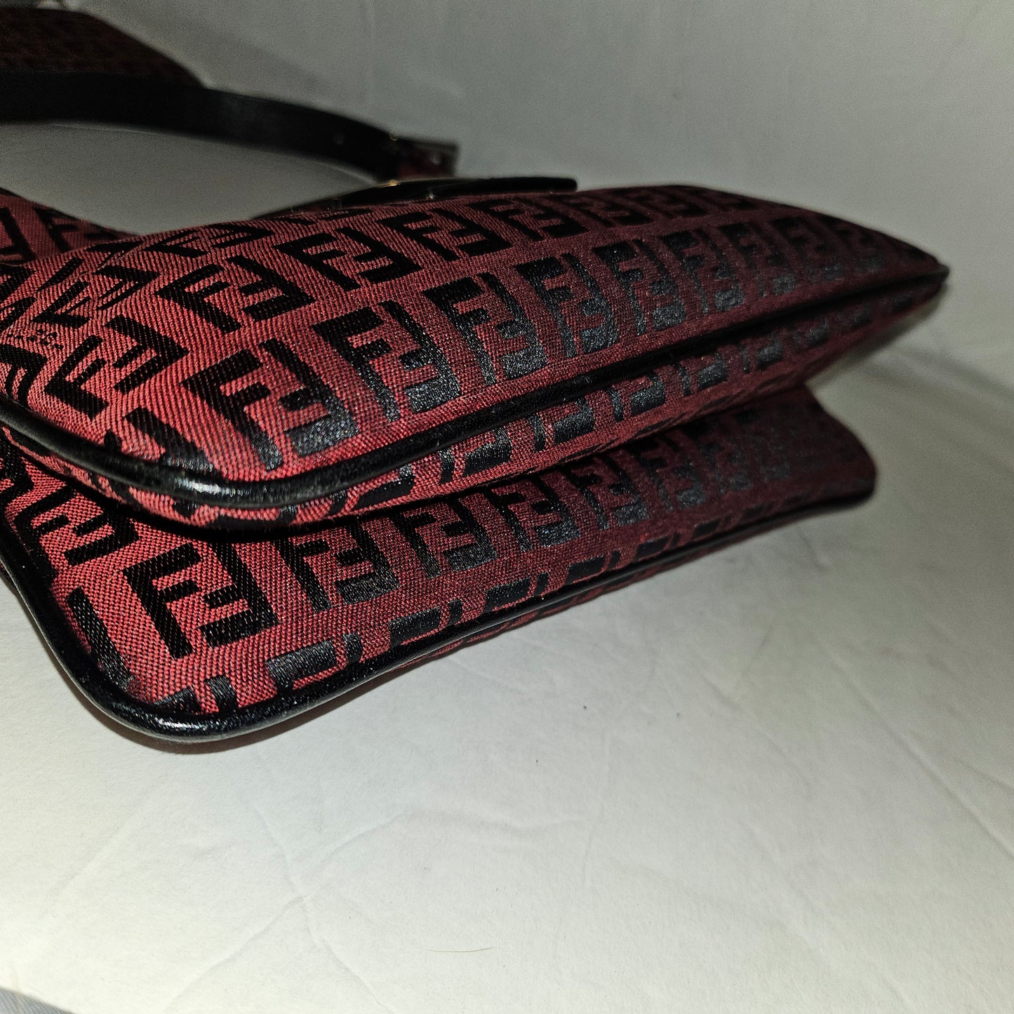 Fendi black Zucchino print on dark red canvas & black leather large baguette w 'V' shaped top