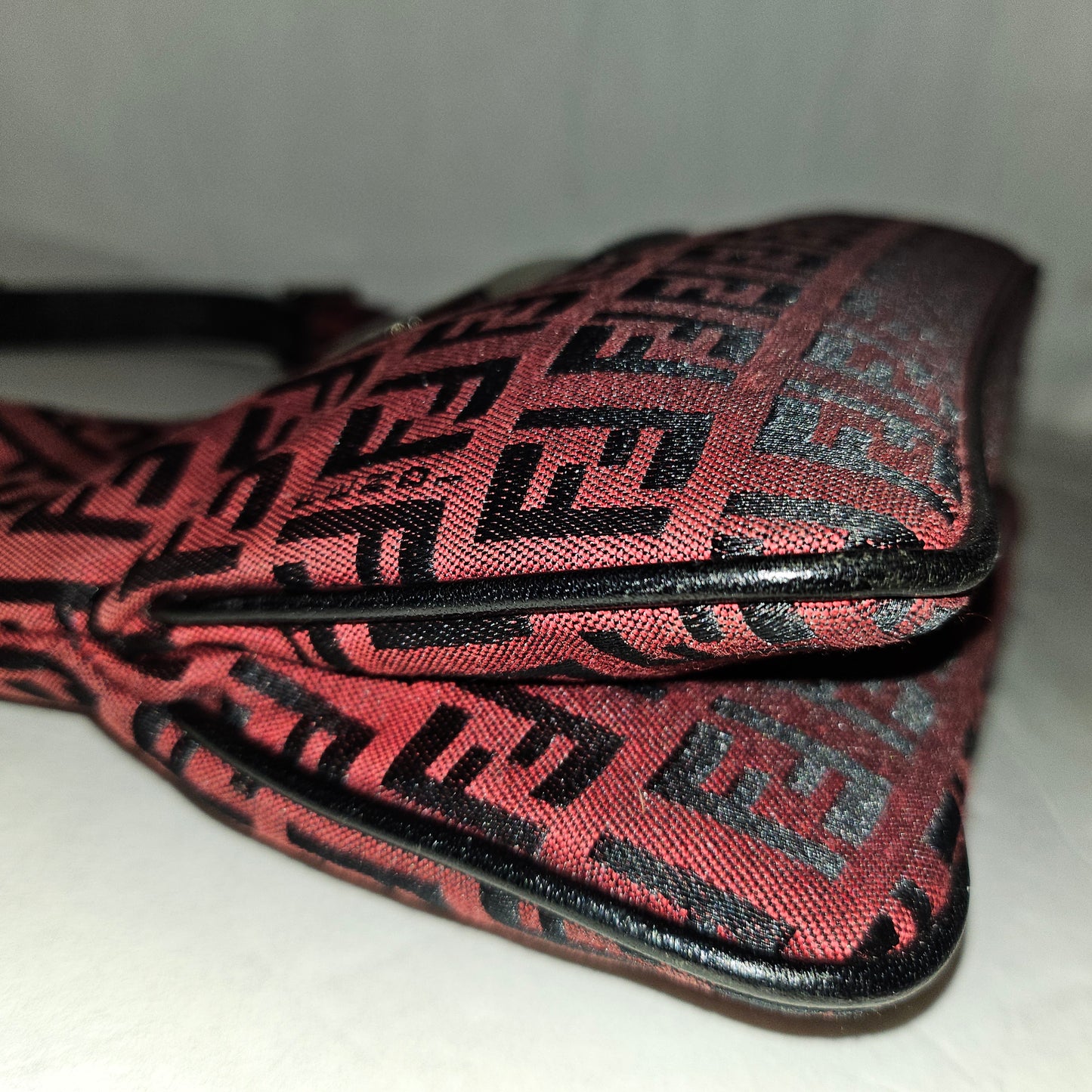 Fendi black Zucchino print on dark red canvas & black leather large baguette w 'V' shaped top